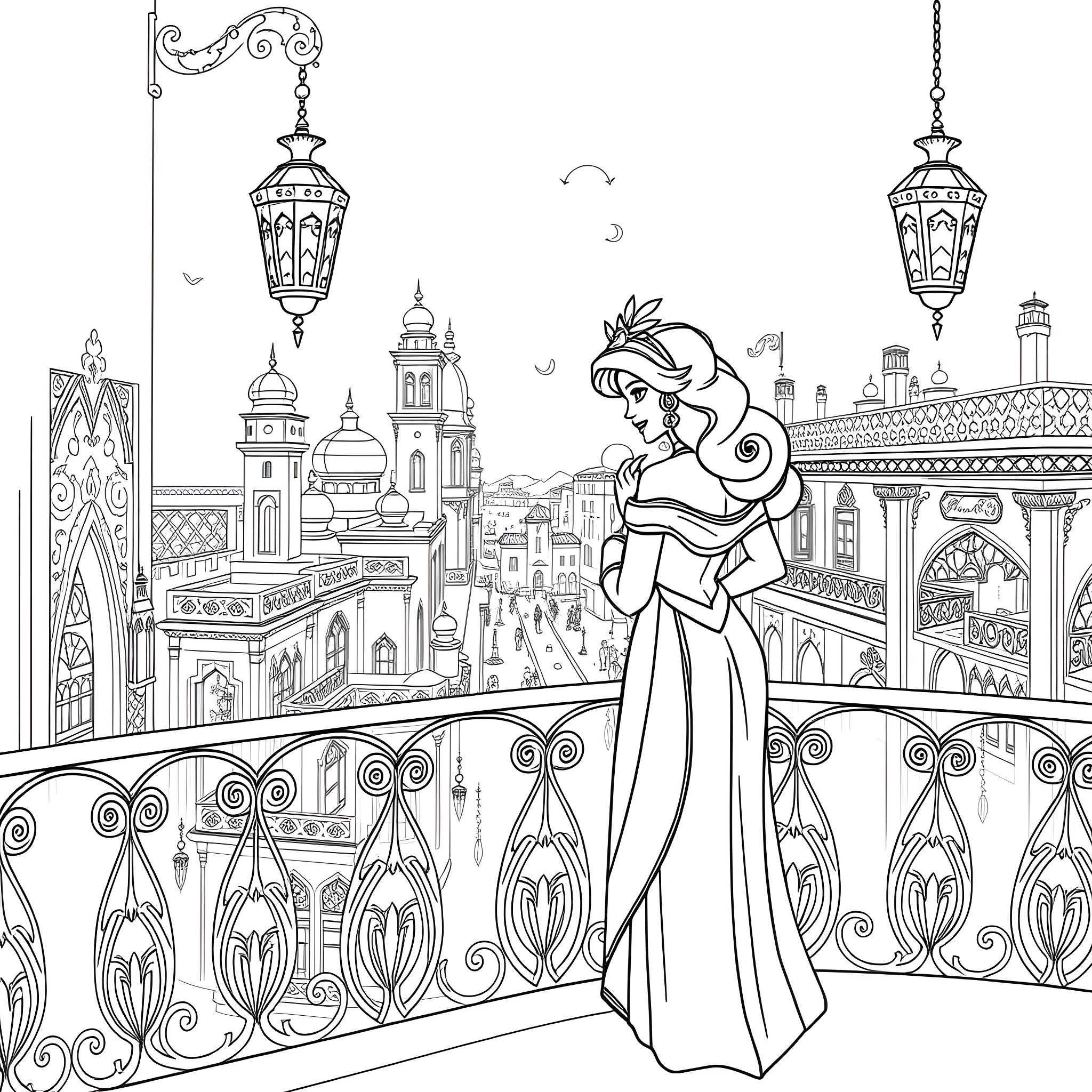 Jasmine enjoying the view of the enchanting city Coloring Page (free black-and-white line drawing printable PDF for all, from beginners to advanced learners, including children, teens, adults, and seniors)