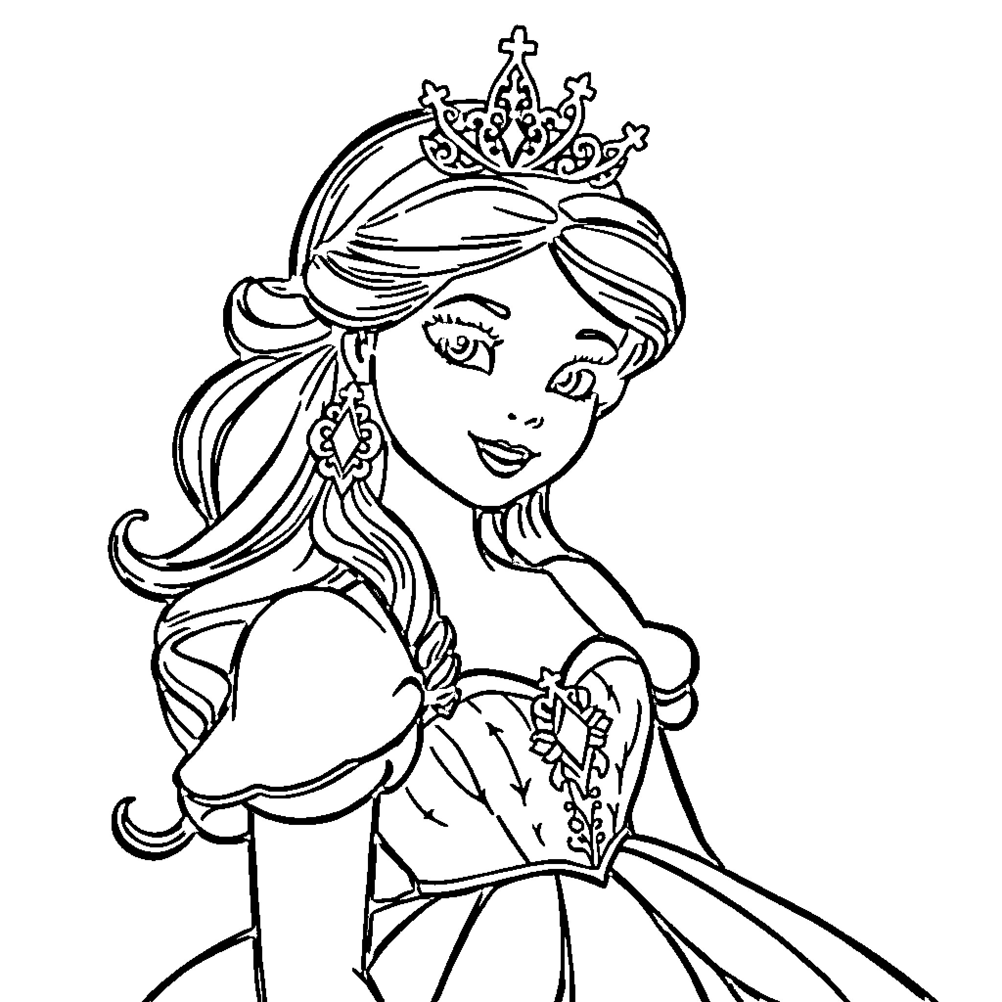 Princess in elegant gown and crown smiling Coloring Page (free black-and-white line drawing printable PDF for all, from beginners to advanced learners, including children, teens, adults, and seniors)