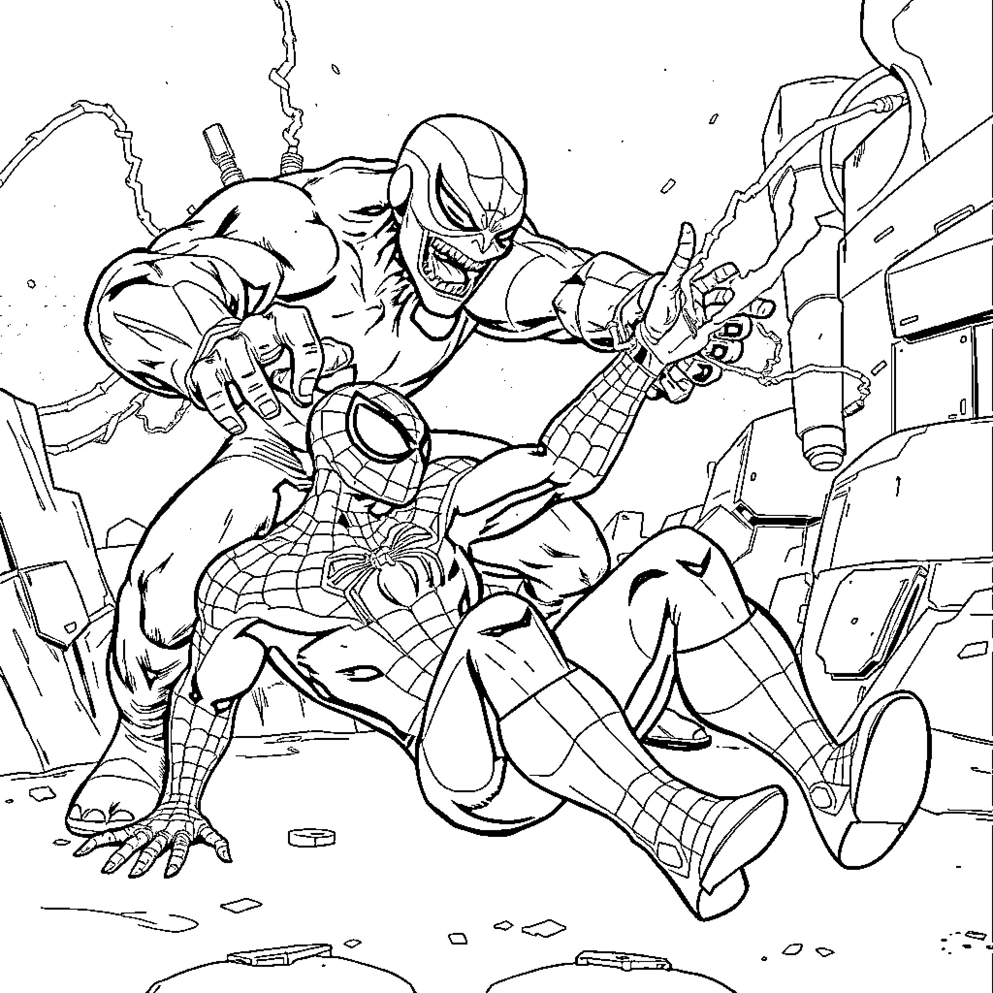 Spider-Man battles villain in intense action scene Coloring Page (free black-and-white line drawing printable PDF for all, from beginners to advanced learners, including children, teens, adults, and seniors)