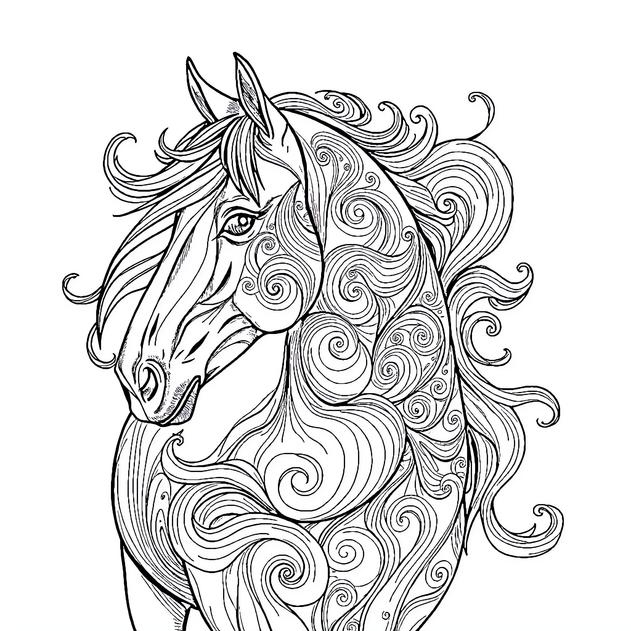 Horse with Intricate Swirling Mane and Elegant Expression Coloring Page (free black-and-white line drawing printable PDF for all, from beginners to advanced learners, including children, teens, adults, and seniors)