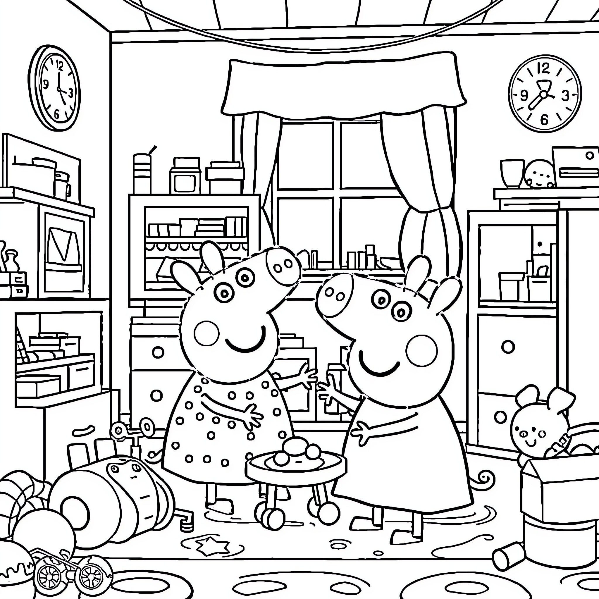 Peppa Pig and Family Enjoying Their Home Coloring Page (free black-and-white line drawing printable PDF for all, from beginners to advanced learners, including children, teens, adults, and seniors)