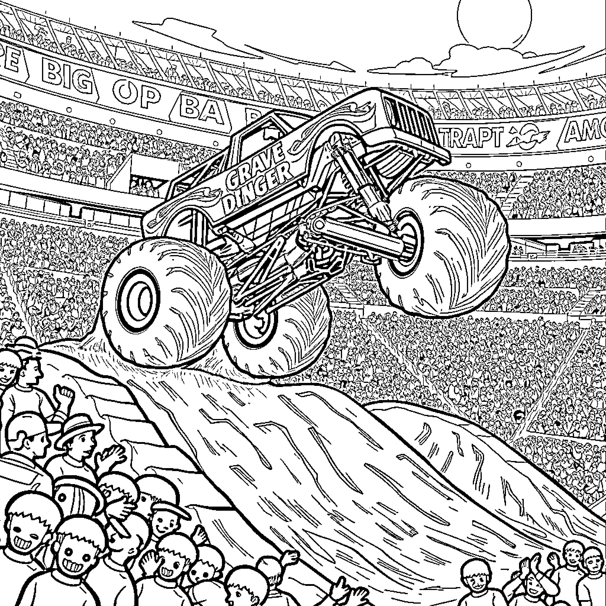 Grave Digger Monster Truck Thrills Enthusiastic Crowd Coloring Page (free black-and-white line drawing printable PDF for all, from beginners to advanced learners, including children, teens, adults, and seniors)