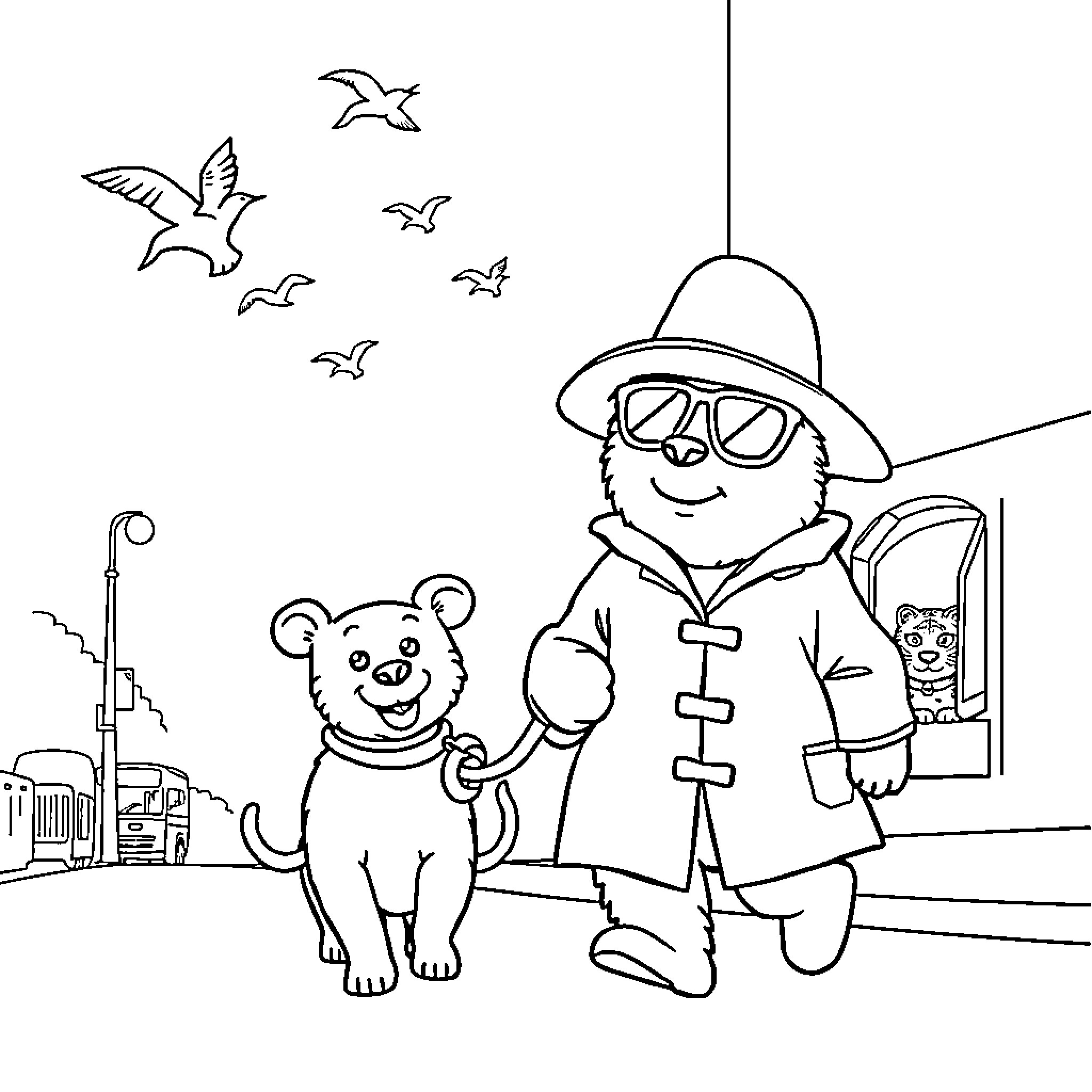 Paddington Bear exploring the city with his stuffed bear Coloring Page (free black-and-white line drawing printable PDF for all, from beginners to advanced learners, including children, teens, adults, and seniors)