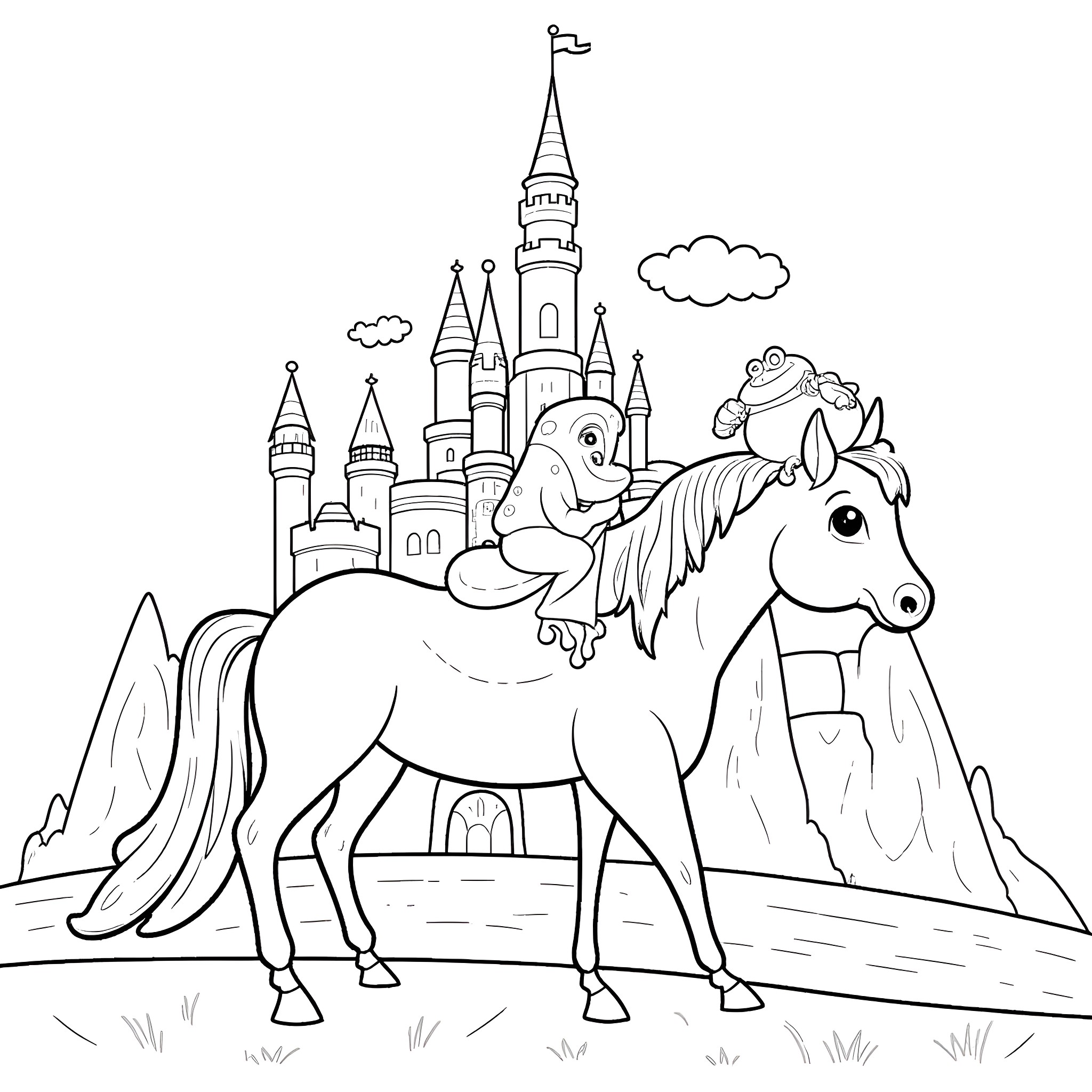 Frog riding a magical horse in a fantasy castle Coloring Page (free black-and-white line drawing printable PDF for all, from beginners to advanced learners, including children, teens, adults, and seniors)
