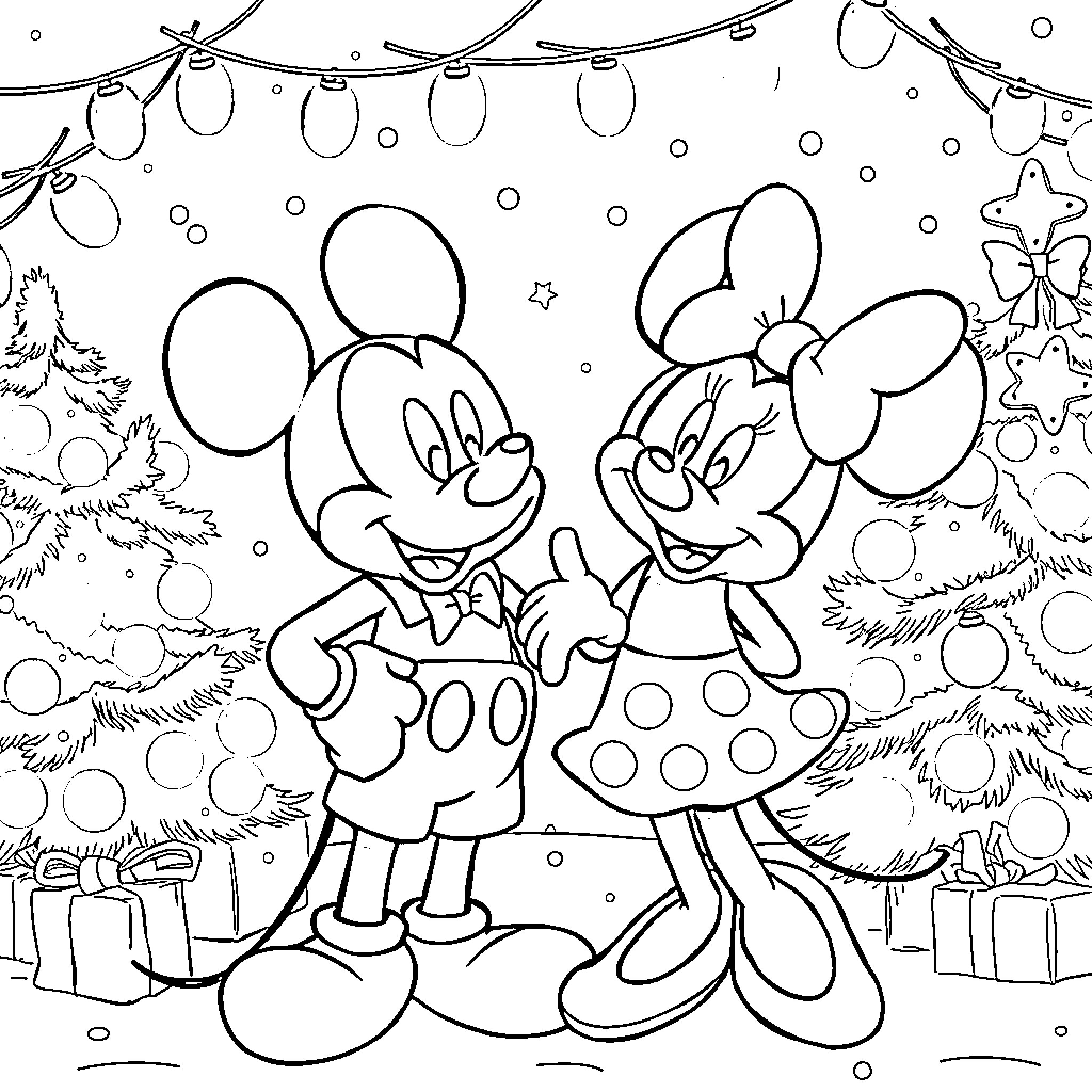 Mickey Mouse and Minnie Mouse enjoying winter wonderland Coloring Page (free black-and-white line drawing printable PDF for all, from beginners to advanced learners, including children, teens, adults, and seniors)