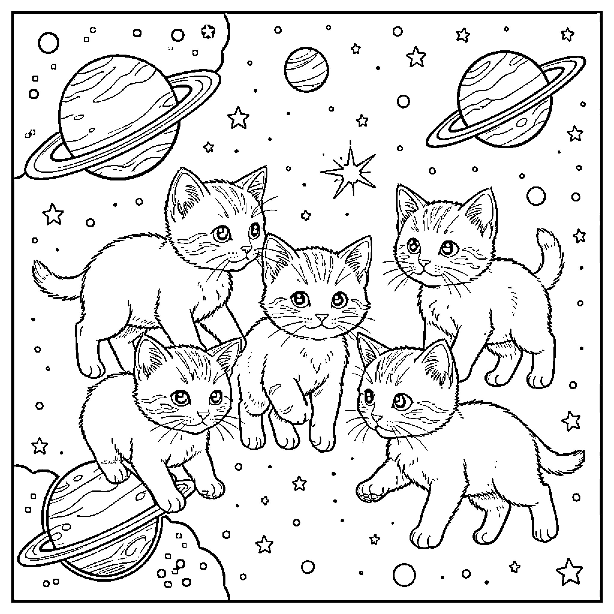 Kittens playing among the stars Coloring Page (free black-and-white line drawing printable PDF for all, from beginners to advanced learners, including children, teens, adults, and seniors)