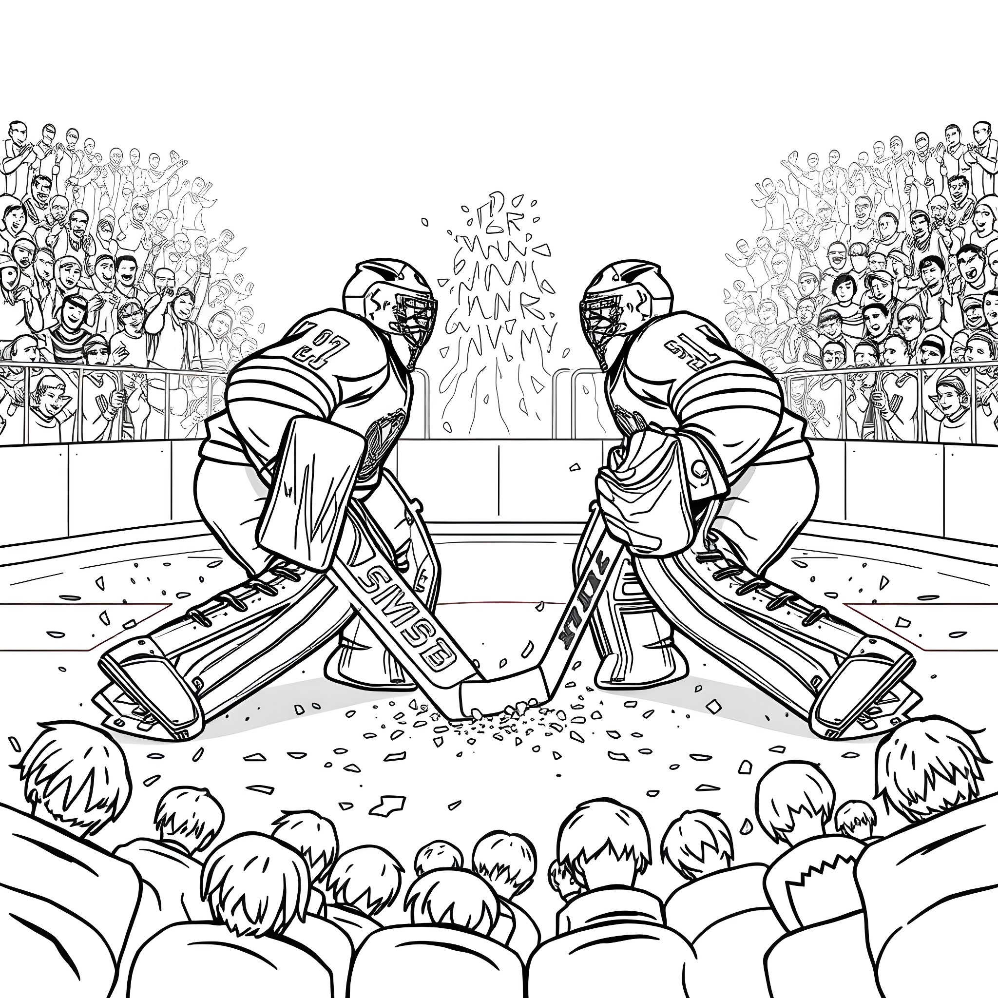 Hockey Goalie Showdown on the Ice Rink Coloring Page (free black-and-white line drawing printable PDF for all, from beginners to advanced learners, including children, teens, adults, and seniors)