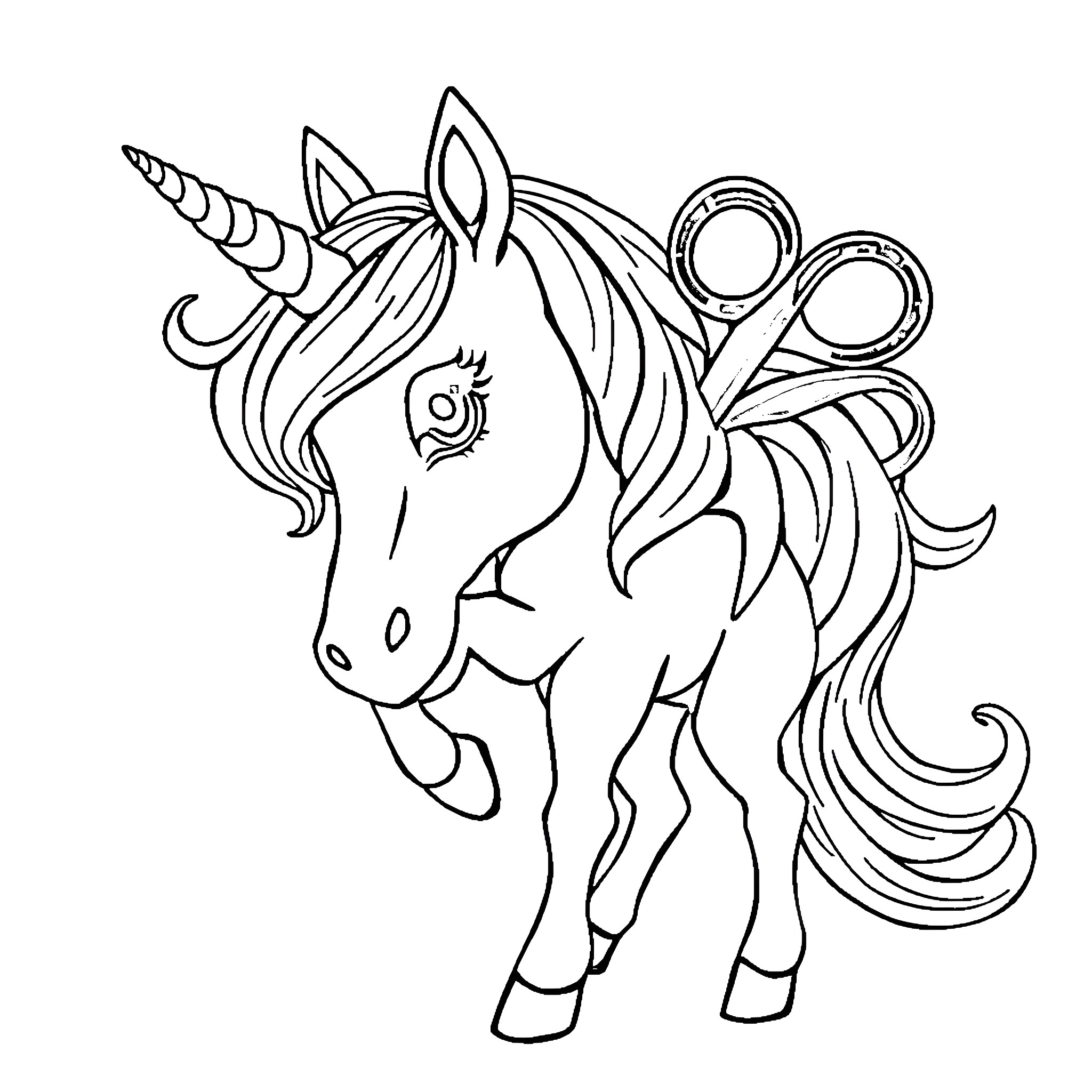 Unicorn with flowing mane and ornate details Coloring Page (free black-and-white line drawing printable PDF for all, from beginners to advanced learners, including children, teens, adults, and seniors)