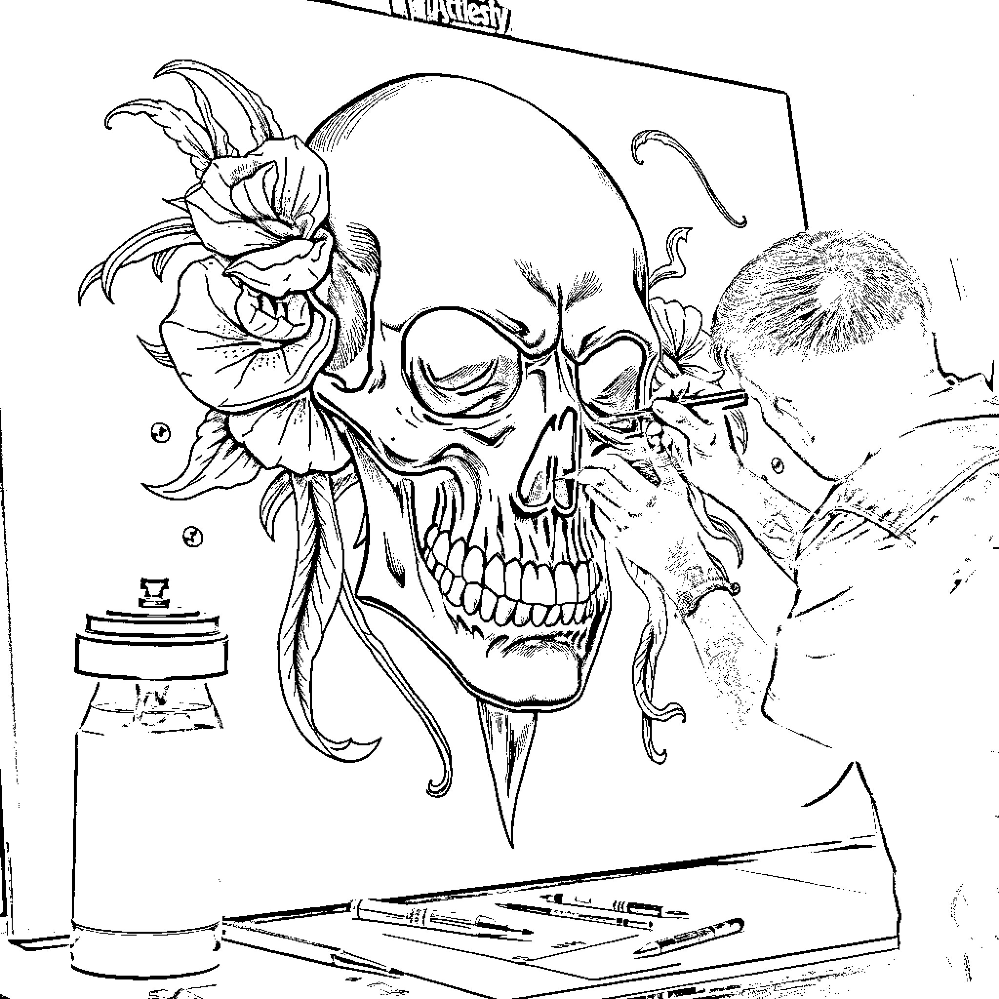 Skull adorned with flowers and artistic elements Coloring Page (free black-and-white line drawing printable PDF for all, from beginners to advanced learners, including children, teens, adults, and seniors)