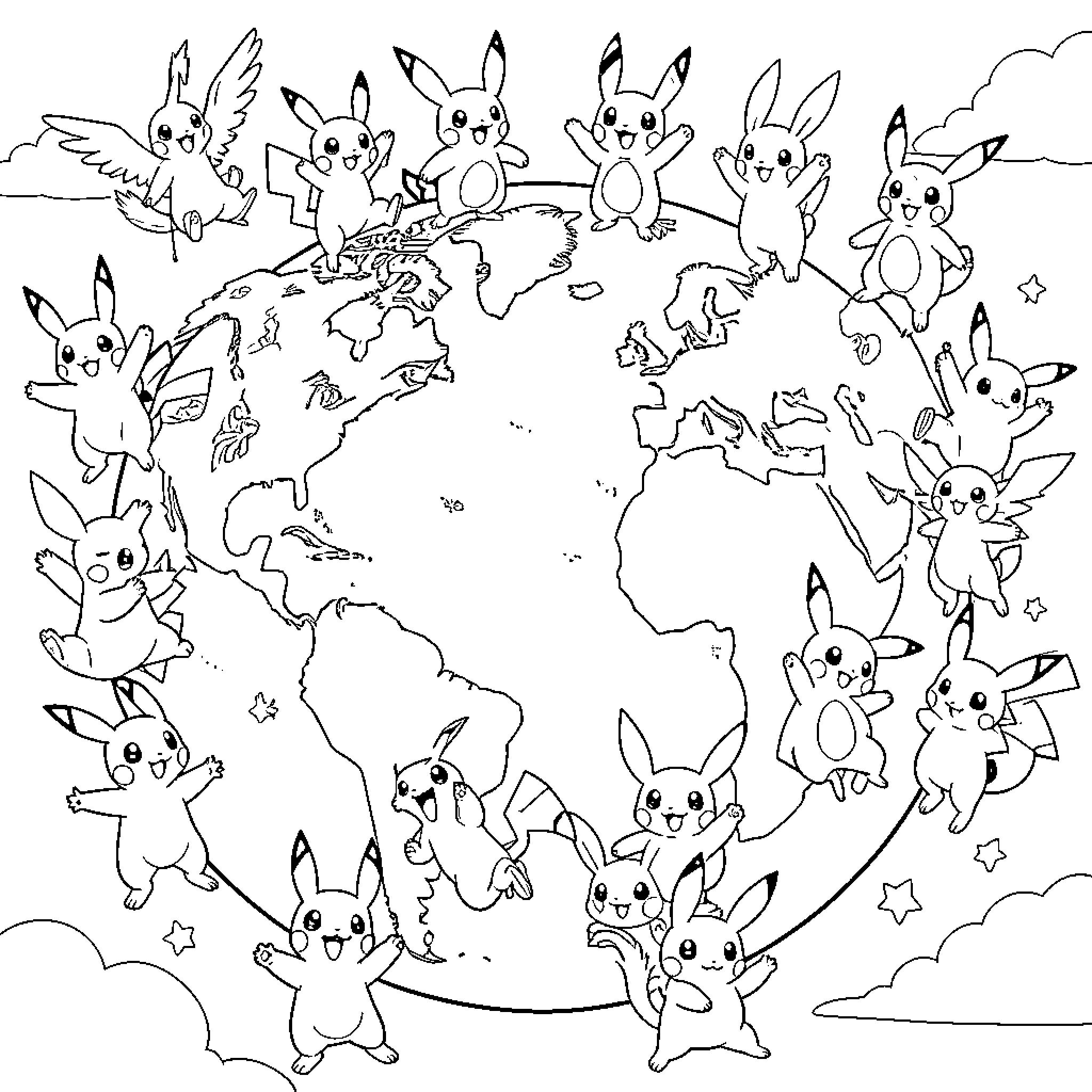 Pokémon gathering around the world globe Coloring Page (free black-and-white line drawing printable PDF for all, from beginners to advanced learners, including children, teens, adults, and seniors)