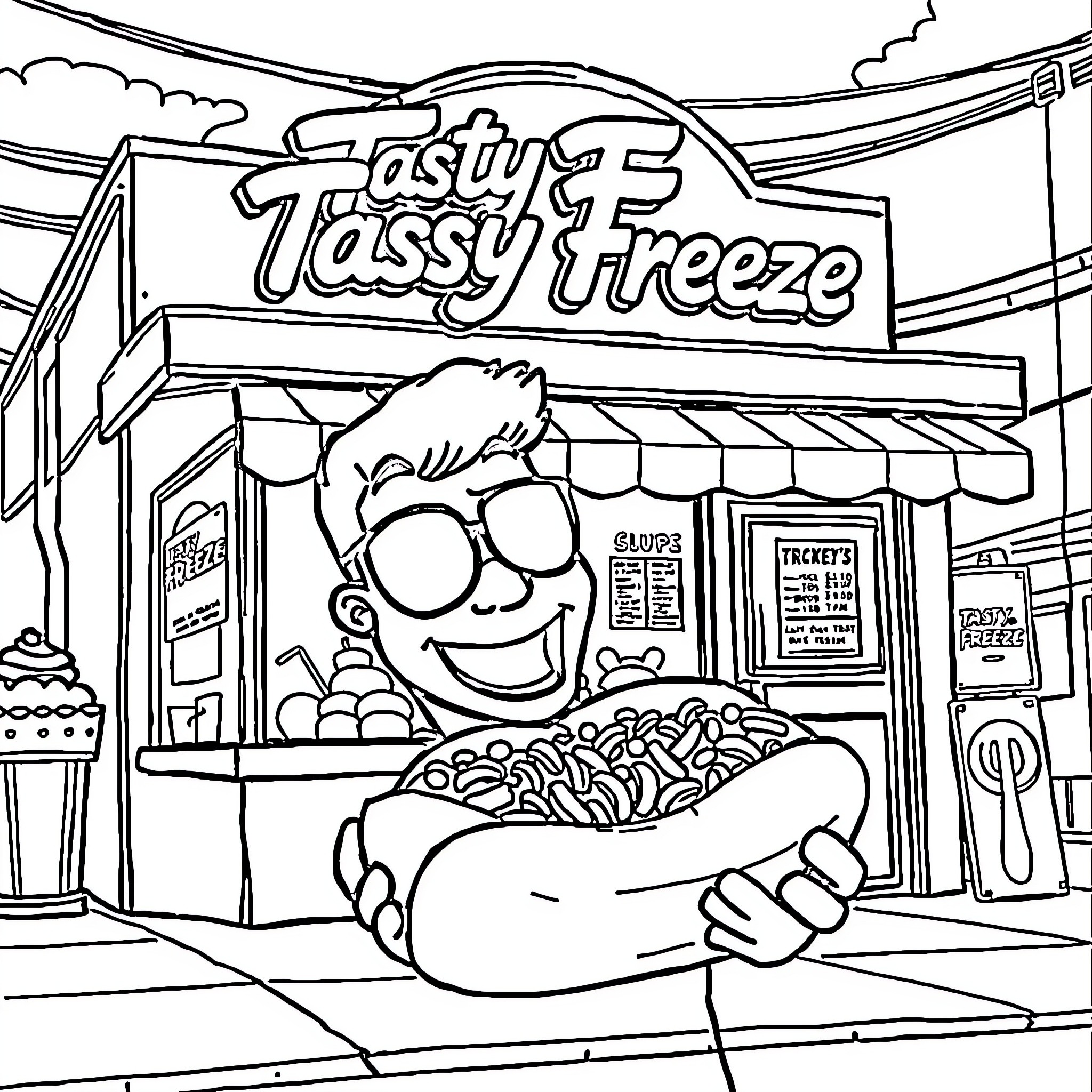 Chili Dog Vendor Serving Up Tasty Treats Coloring Page (free black-and-white line drawing printable PDF for all, from beginners to advanced learners, including children, teens, adults, and seniors)