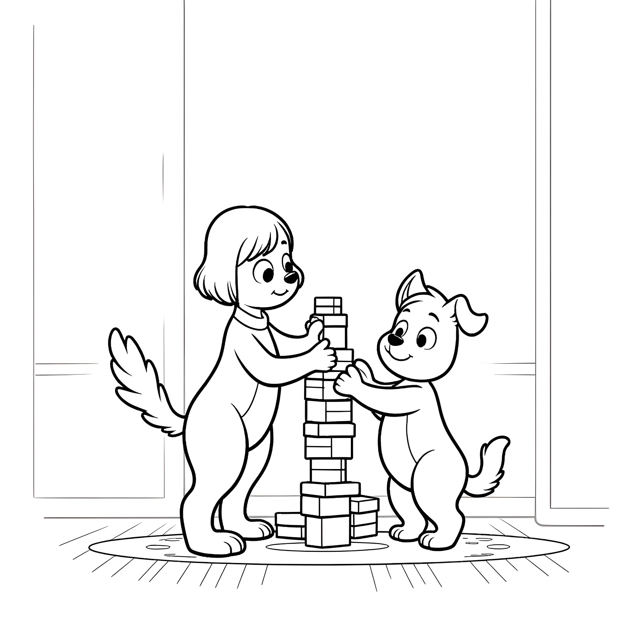 Dog and child playing with building blocks Coloring Page (free black-and-white line drawing printable PDF for all, from beginners to advanced learners, including children, teens, adults, and seniors)