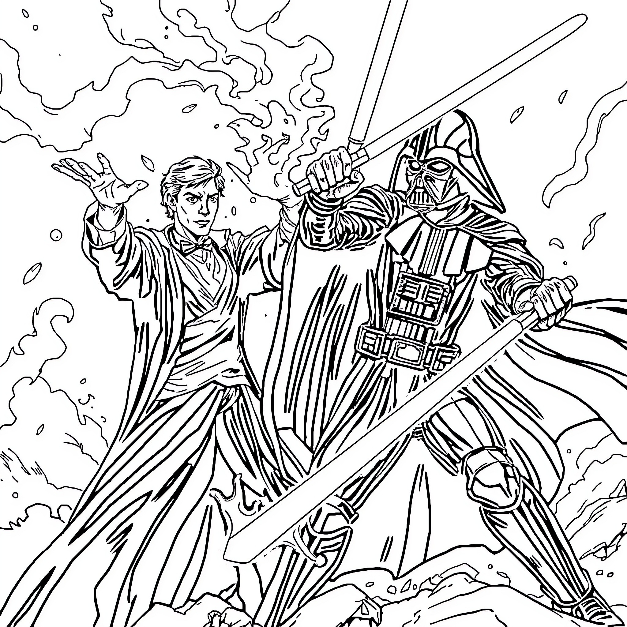 Voldemort and Darth Vader in epic battle Coloring Page (free black-and-white line drawing printable PDF for all, from beginners to advanced learners, including children, teens, adults, and seniors)