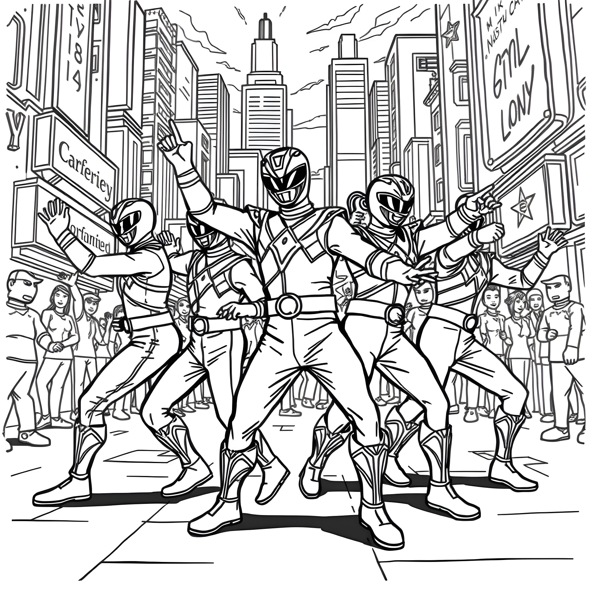 Power Rangers Defend the City in Action Coloring Page (free black-and-white line drawing printable PDF for all, from beginners to advanced learners, including children, teens, adults, and seniors)