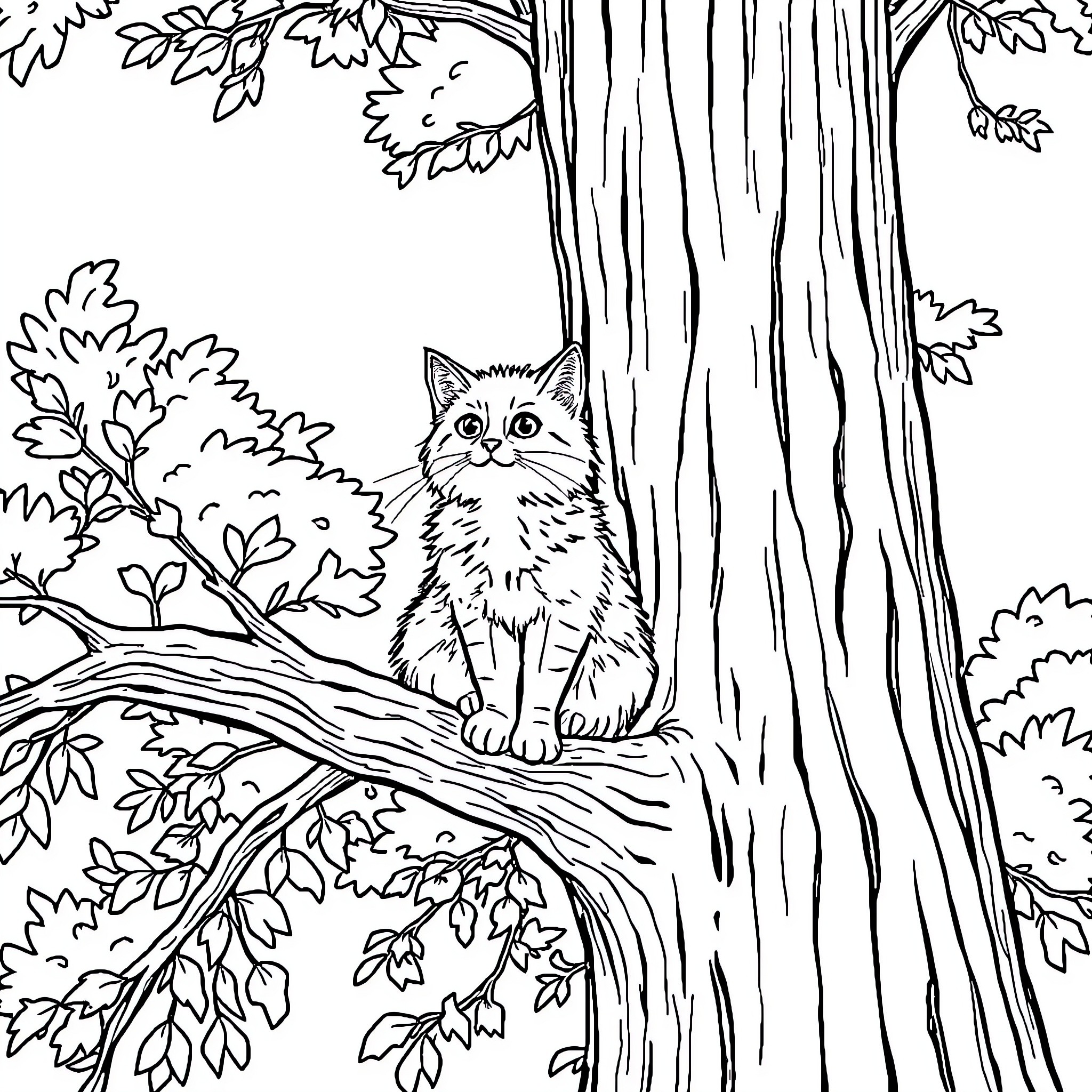Cat peeking out from behind the tree Coloring Page (free black-and-white line drawing printable PDF for all, from beginners to advanced learners, including children, teens, adults, and seniors)