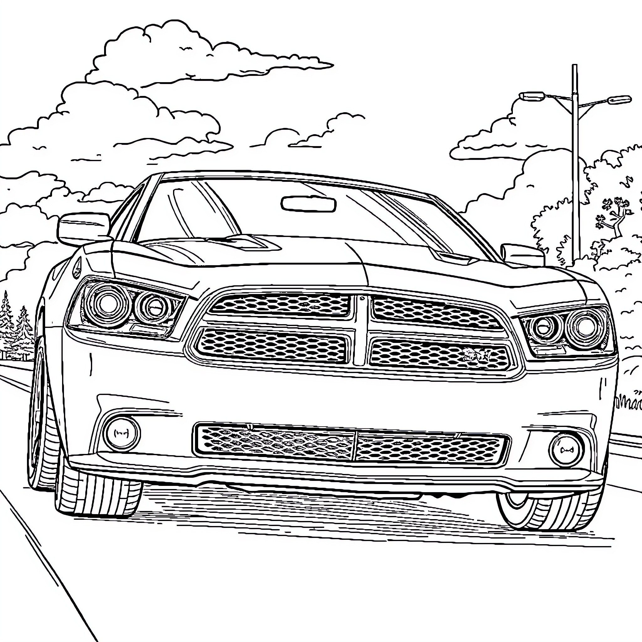 Dodge Charger parked on a country road Coloring Page (free black-and-white line drawing printable PDF for all, from beginners to advanced learners, including children, teens, adults, and seniors)