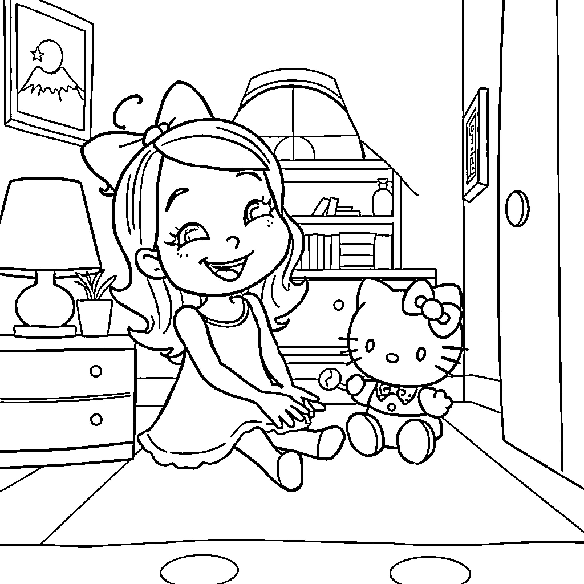 Shelly's Room and Hello Kitty Adventure Coloring Page (free black-and-white line drawing printable PDF for all, from beginners to advanced learners, including children, teens, adults, and seniors)