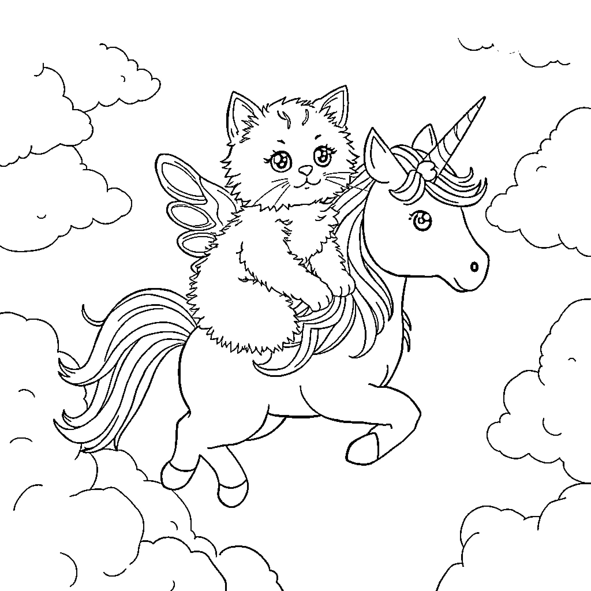 Kitty riding a magical unicorn in the clouds Coloring Page (free black-and-white line drawing printable PDF for all, from beginners to advanced learners, including children, teens, adults, and seniors)