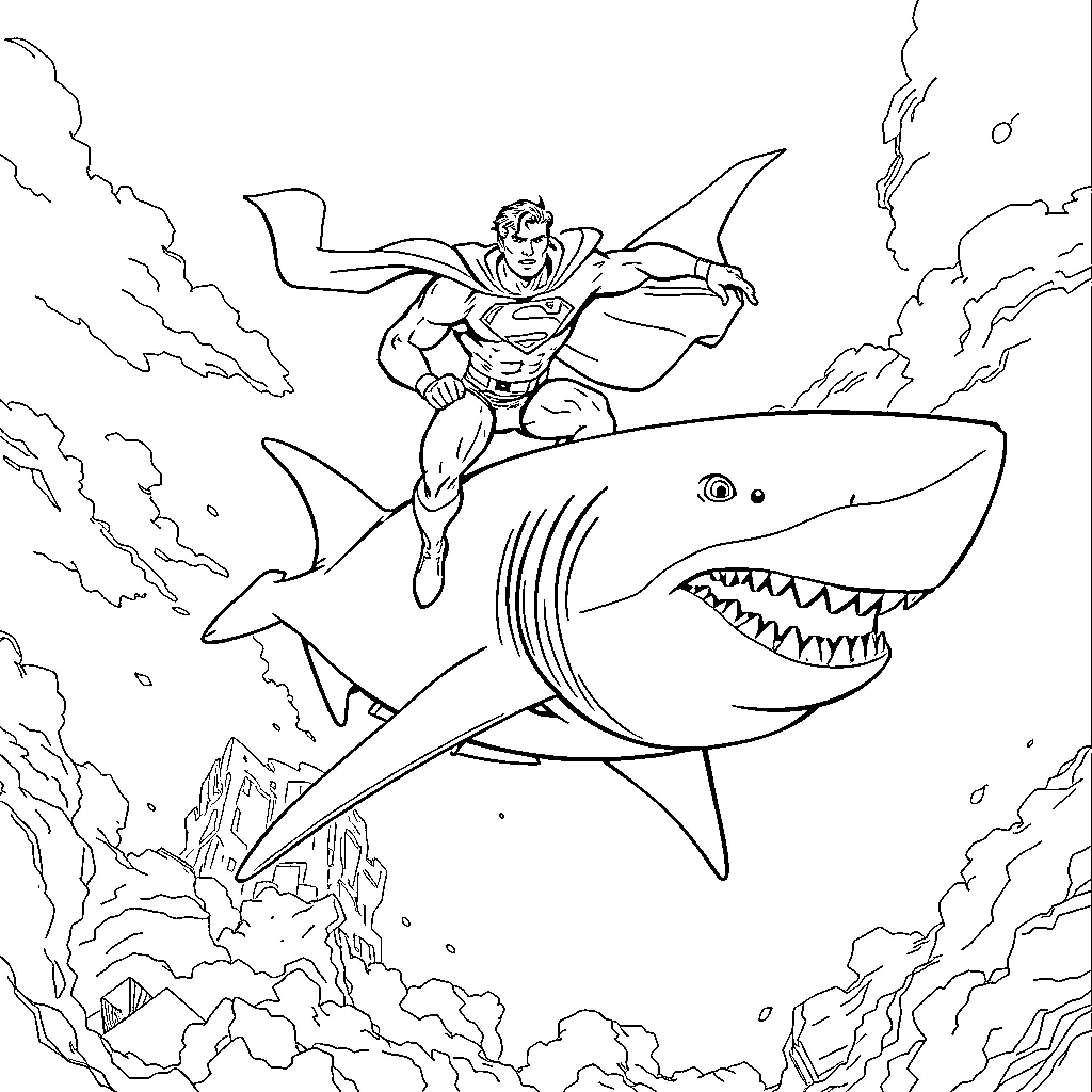 Superman heroically rides a gigantic shark Coloring Page (free black-and-white line drawing printable PDF for all, from beginners to advanced learners, including children, teens, adults, and seniors)
