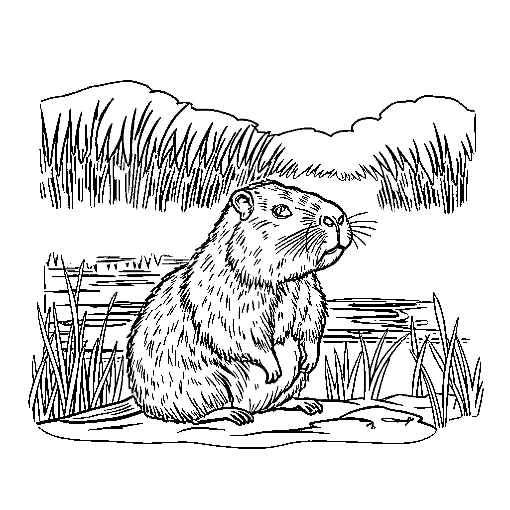 Capybara exploring in a grassy pond Coloring Page (free black-and-white line drawing printable PDF for all, from beginners to advanced learners, including children, teens, adults, and seniors)