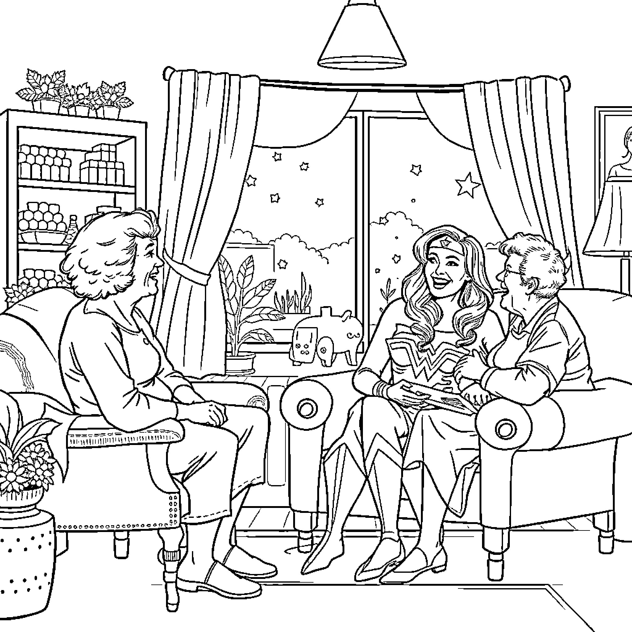Wonder Woman Enjoying an Evening with Friends Coloring Page (free black-and-white line drawing printable PDF for all, from beginners to advanced learners, including children, teens, adults, and seniors)