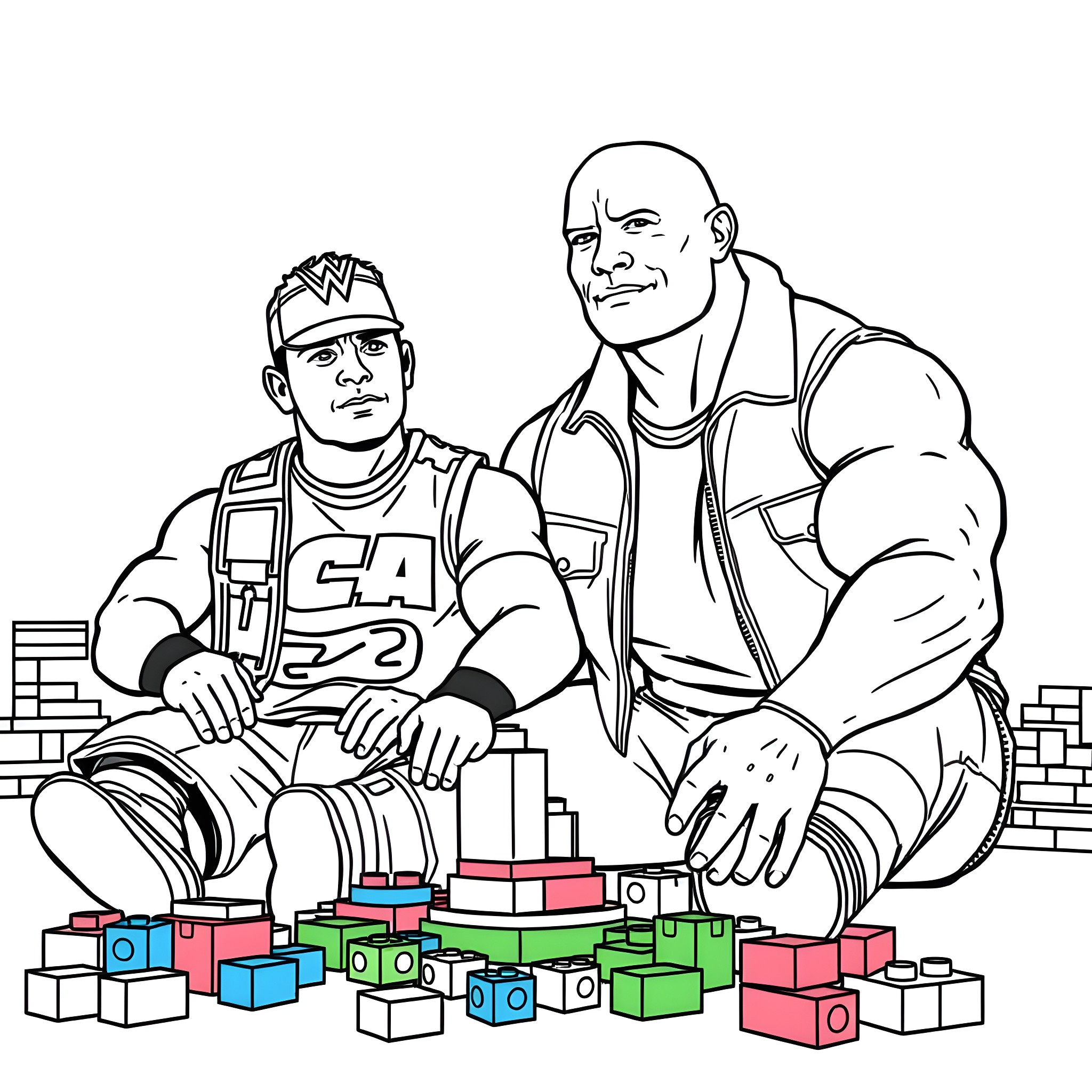John Cena playing with toy blocks with a muscular friend Coloring Page (free black-and-white line drawing printable PDF for all, from beginners to advanced learners, including children, teens, adults, and seniors)