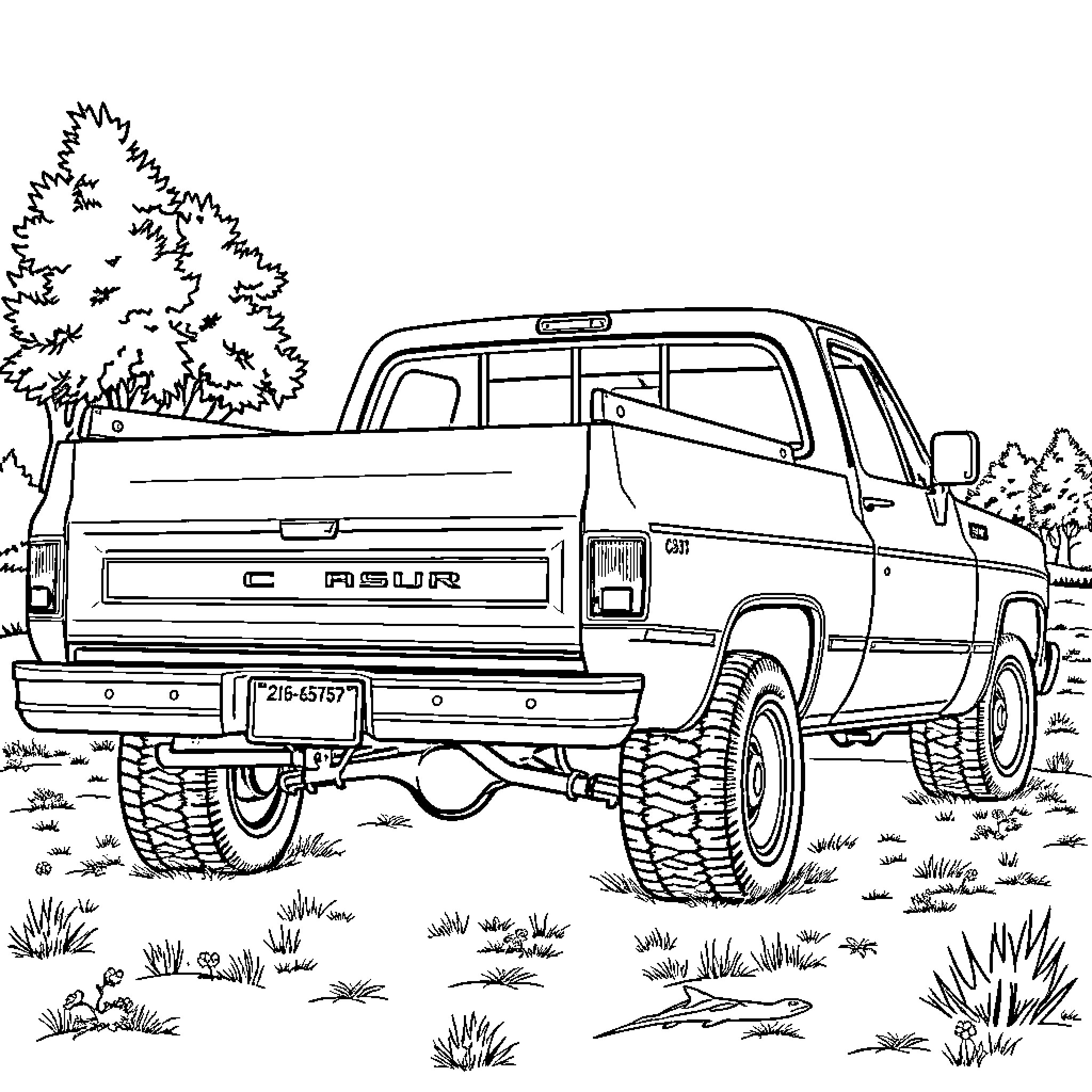 C10 Pickup Truck in Rugged Outdoor Scene Coloring Page (free black-and-white line drawing printable PDF for all, from beginners to advanced learners, including children, teens, adults, and seniors)