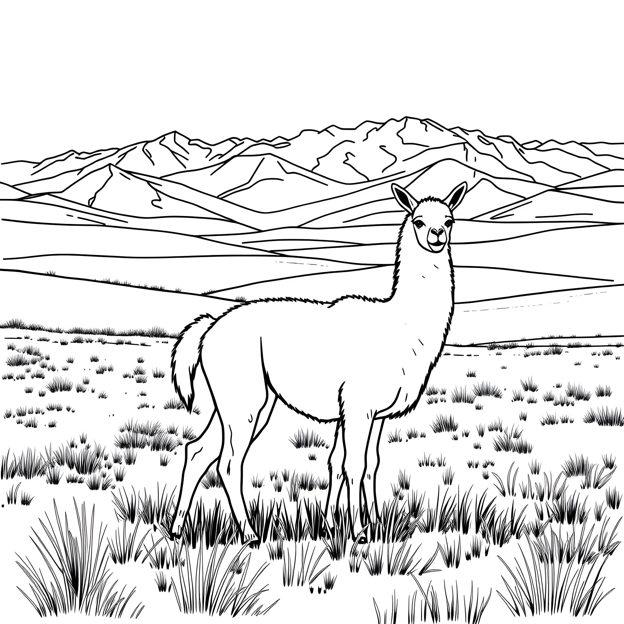 Vicuna standing in a mountain landscape Coloring Page (free black-and-white line drawing printable PDF for all, from beginners to advanced learners, including children, teens, adults, and seniors)