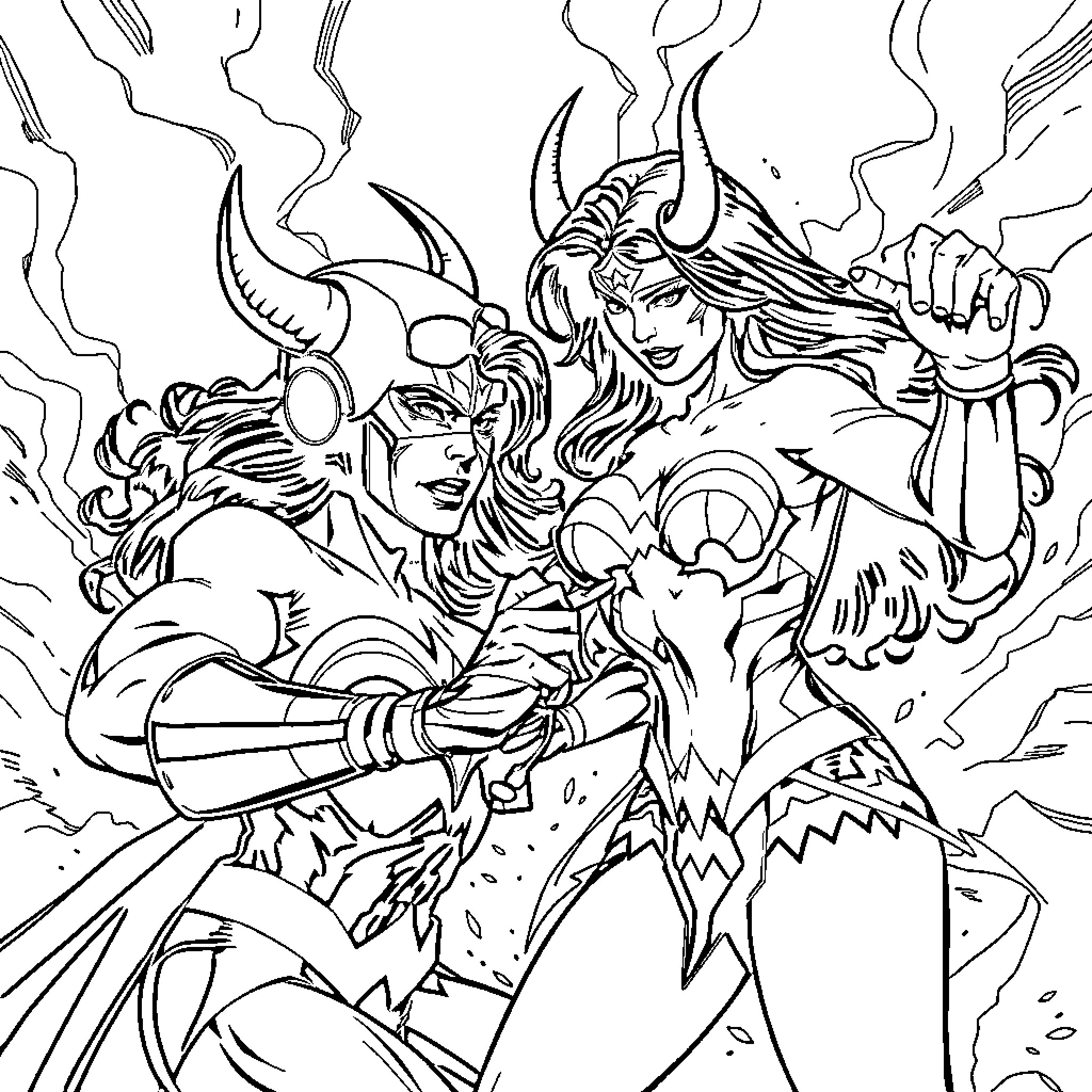 Wonder Woman battles fierce foes in a dynamic scene Coloring Page (free black-and-white line drawing printable PDF for all, from beginners to advanced learners, including children, teens, adults, and seniors)