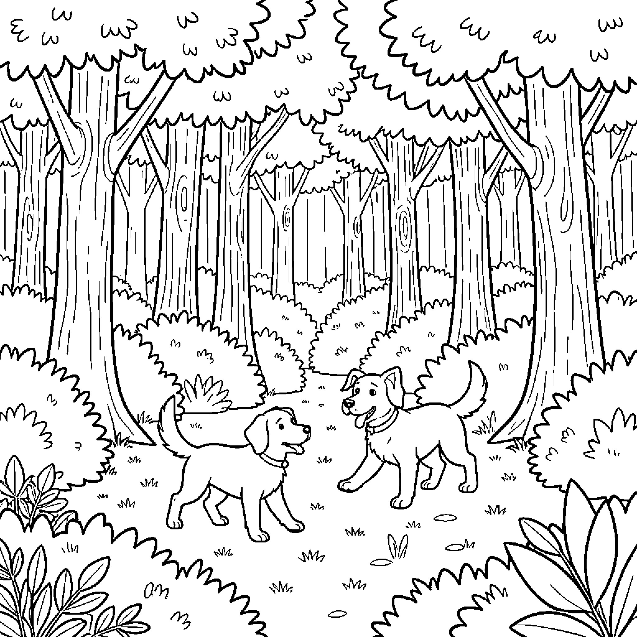 Dog puppies playing together in a forest Coloring Page (free black-and-white line drawing printable PDF for all, from beginners to advanced learners, including children, teens, adults, and seniors)