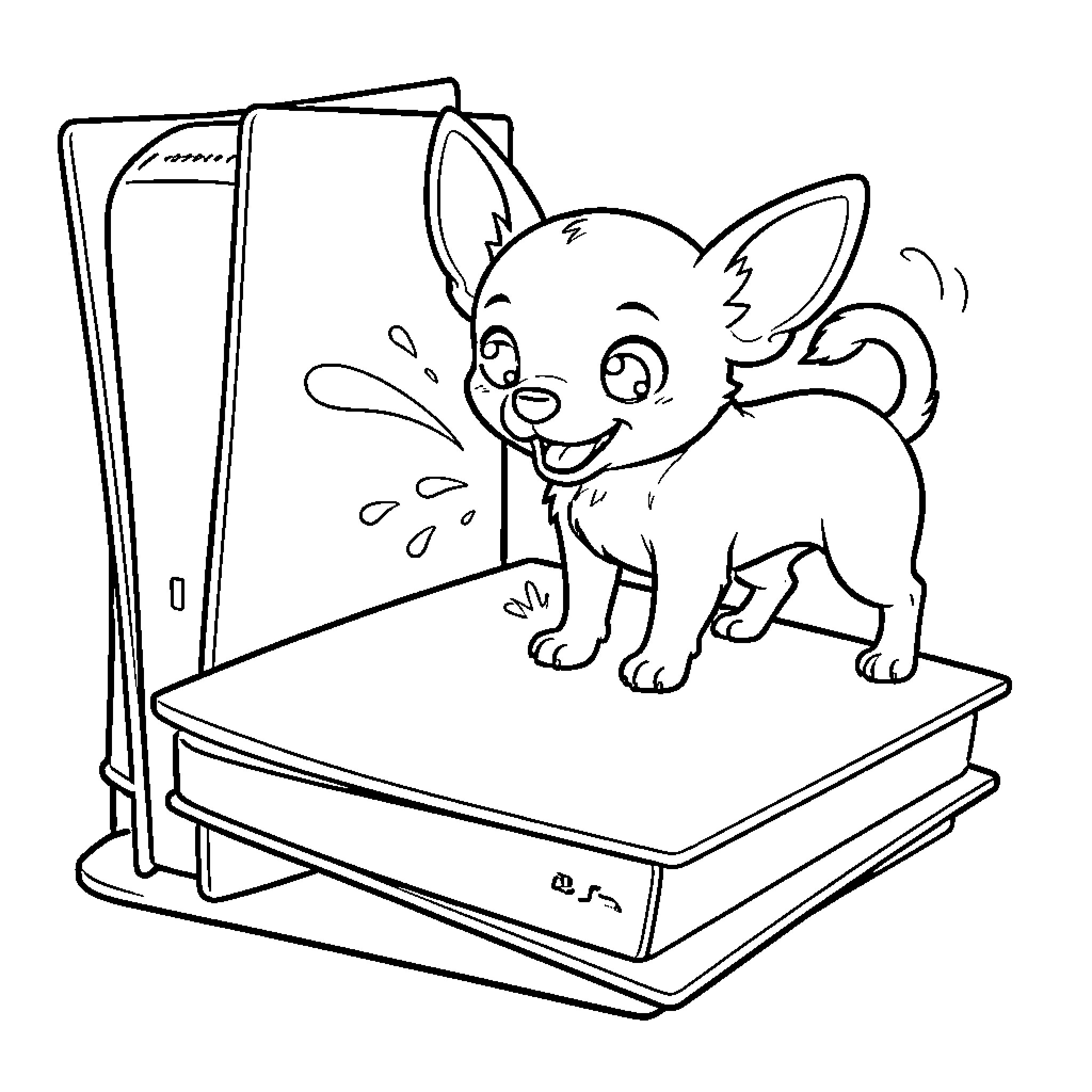 Chihuahua happily playing on a book stack Coloring Page (free black-and-white line drawing printable PDF for all, from beginners to advanced learners, including children, teens, adults, and seniors)