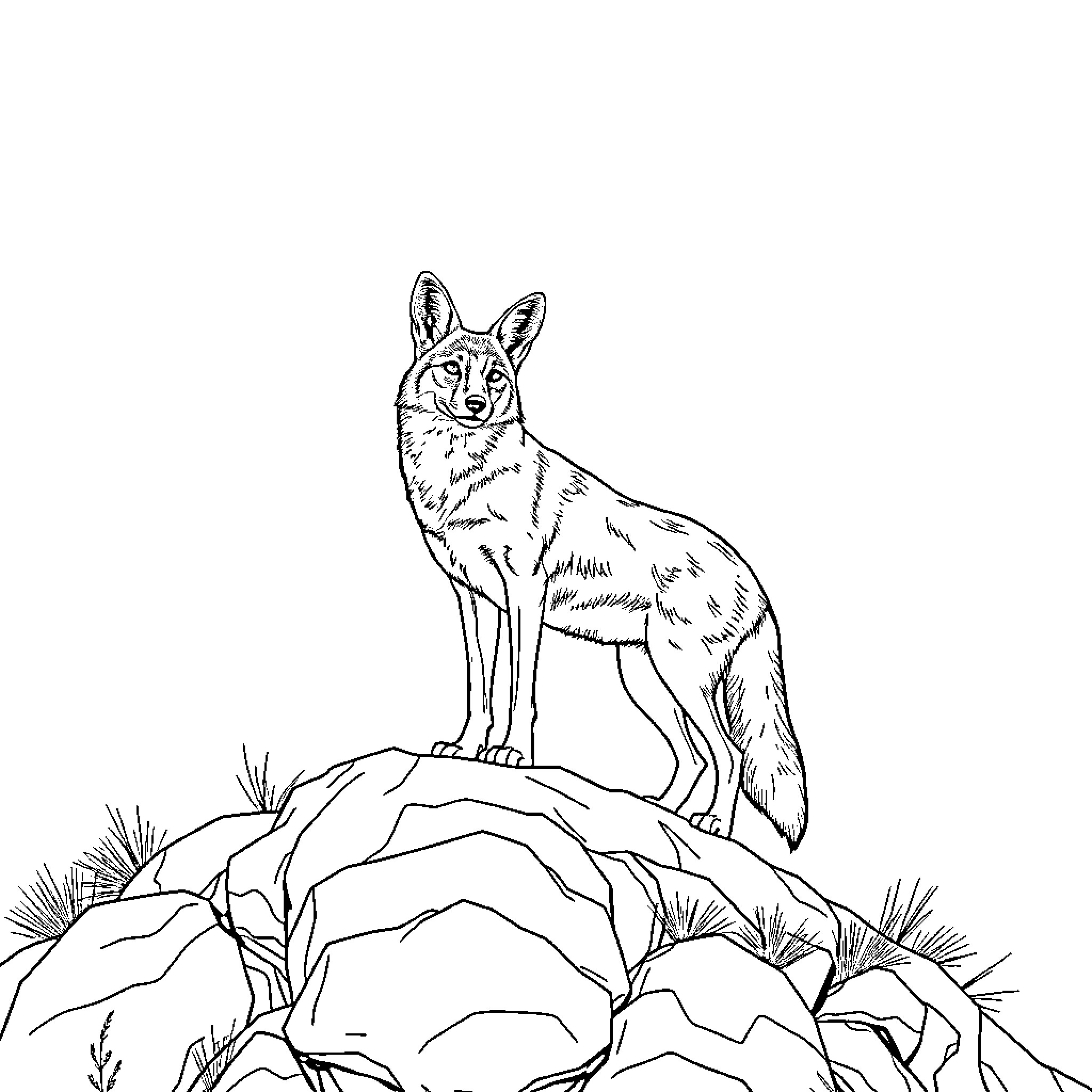 Coyote standing tall on rocky outcrop Coloring Page (free black-and-white line drawing printable PDF for all, from beginners to advanced learners, including children, teens, adults, and seniors)