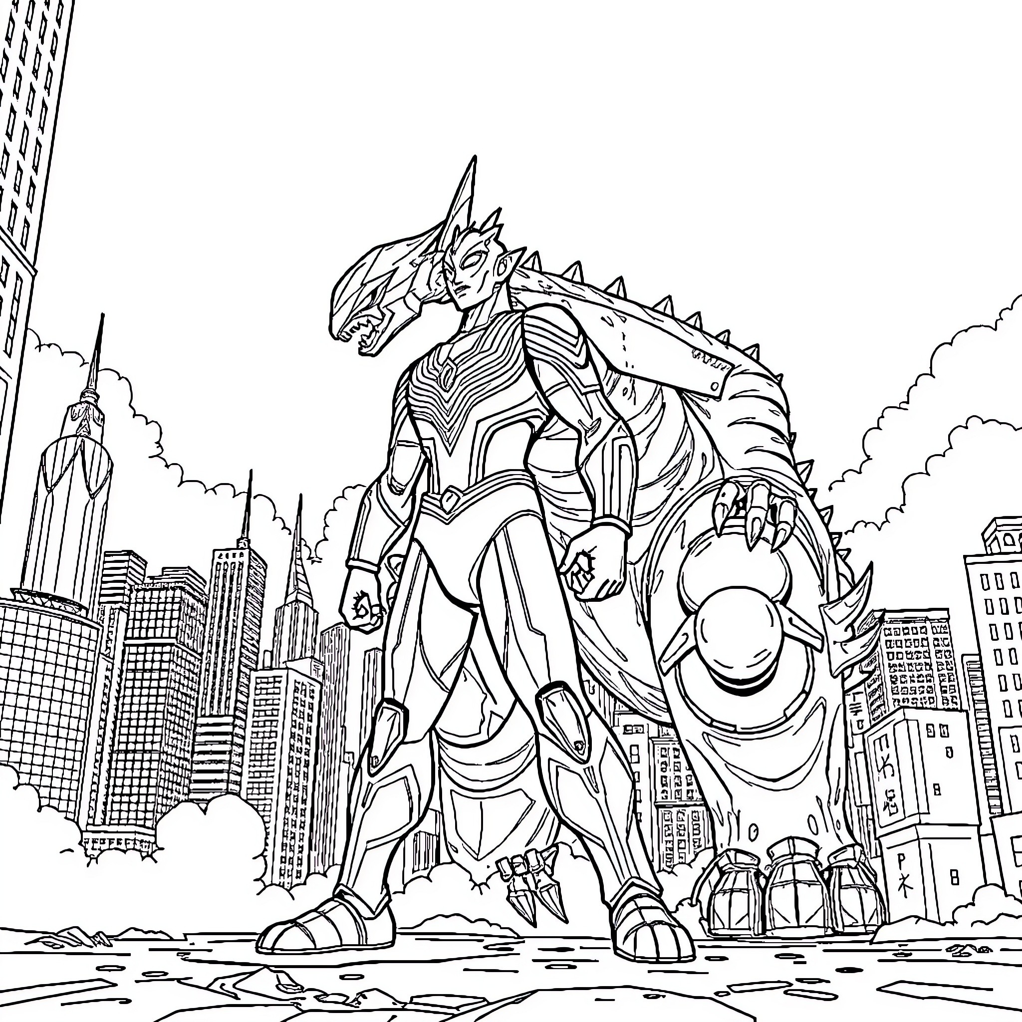 Ultraman rampaging through a cityscape Coloring Page (free black-and-white line drawing printable PDF for all, from beginners to advanced learners, including children, teens, adults, and seniors)