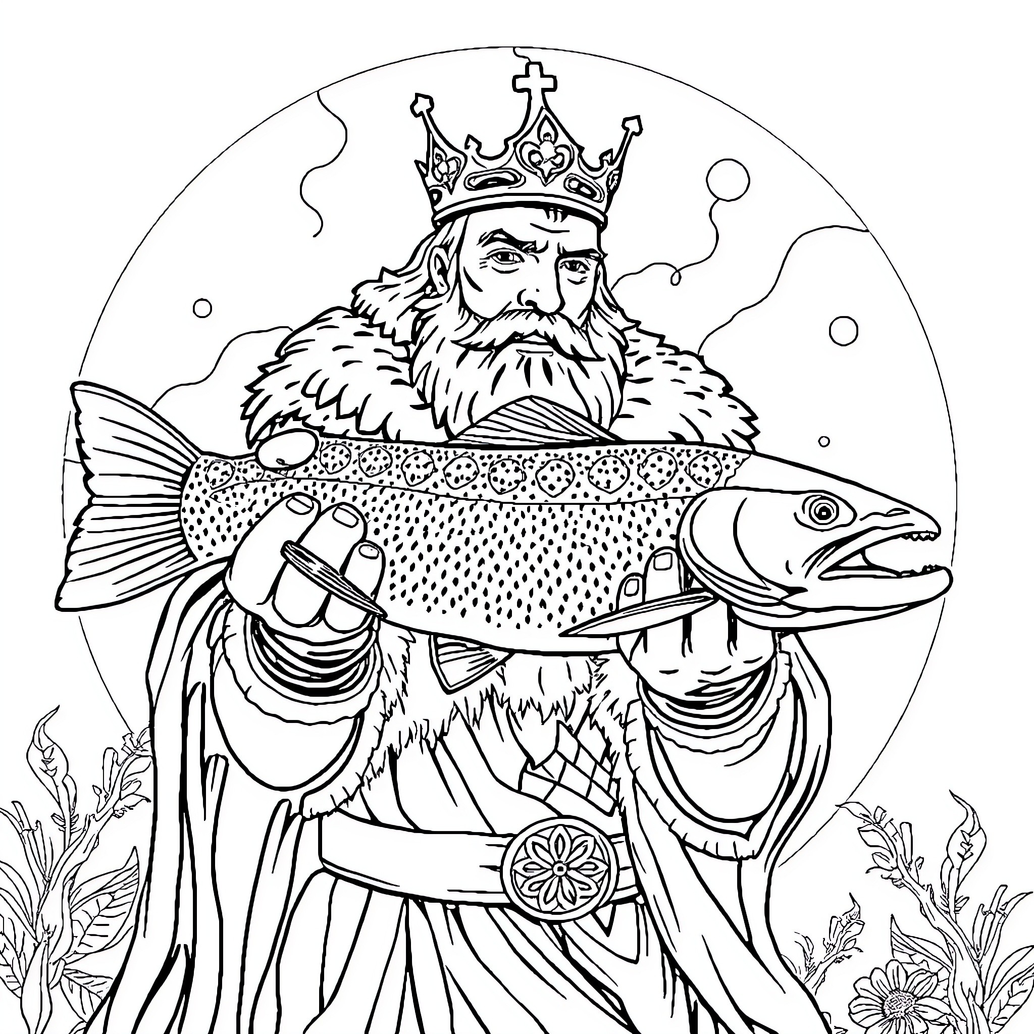 Rainbow Trout Monarch Catches Majestic Fish Coloring Page (free black-and-white line drawing printable PDF for all, from beginners to advanced learners, including children, teens, adults, and seniors)