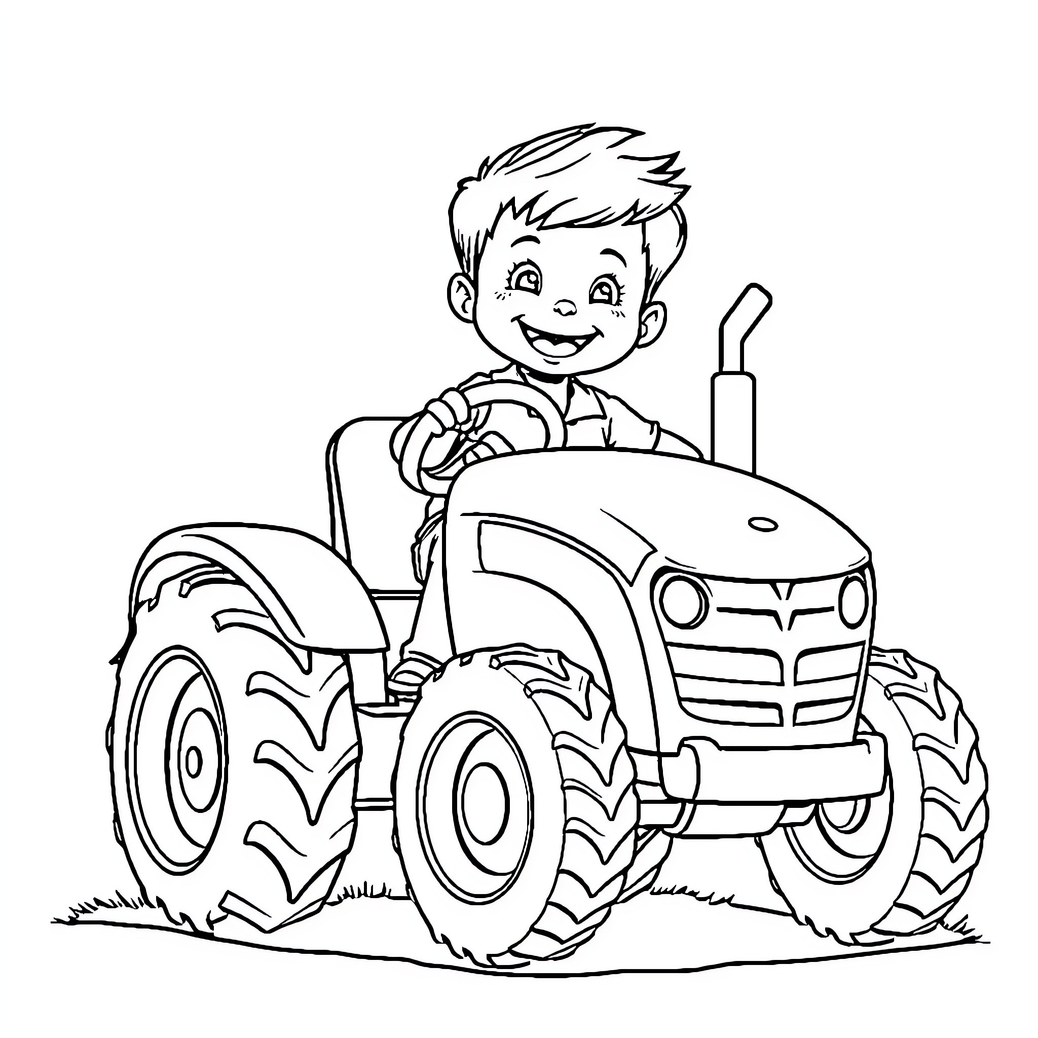 Toddler driving tractor happily on farm Coloring Page (free black-and-white line drawing printable PDF for all, from beginners to advanced learners, including children, teens, adults, and seniors)