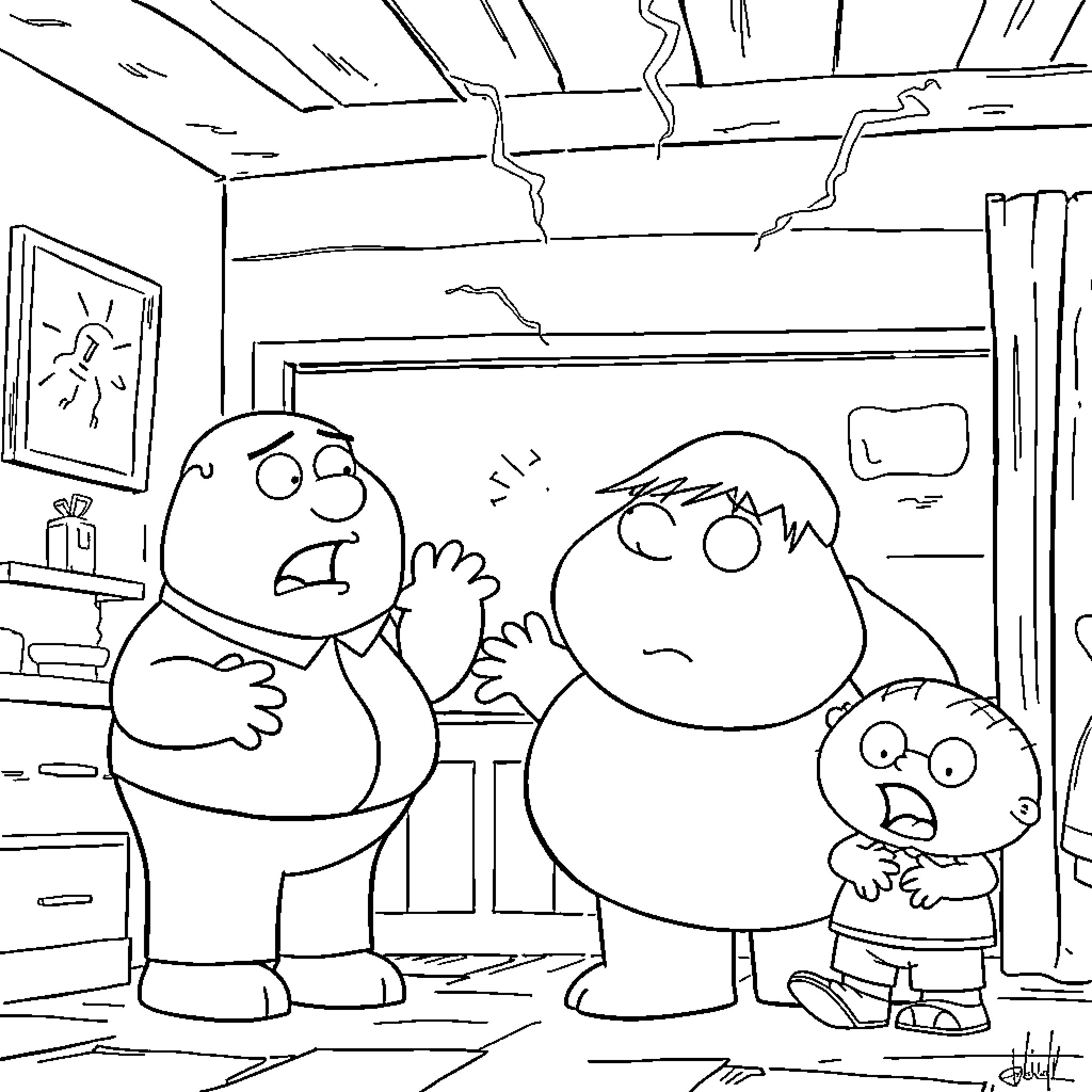 Peter Griffin and Family in Humorous Predicament Coloring Page (free black-and-white line drawing printable PDF for all, from beginners to advanced learners, including children, teens, adults, and seniors)