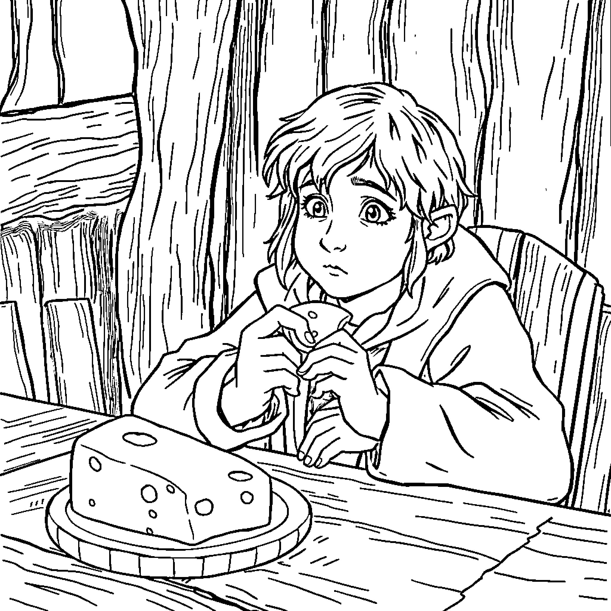 Frodo Contemplates Next Steps in the Cozy Cabin Coloring Page (free black-and-white line drawing printable PDF for all, from beginners to advanced learners, including children, teens, adults, and seniors)