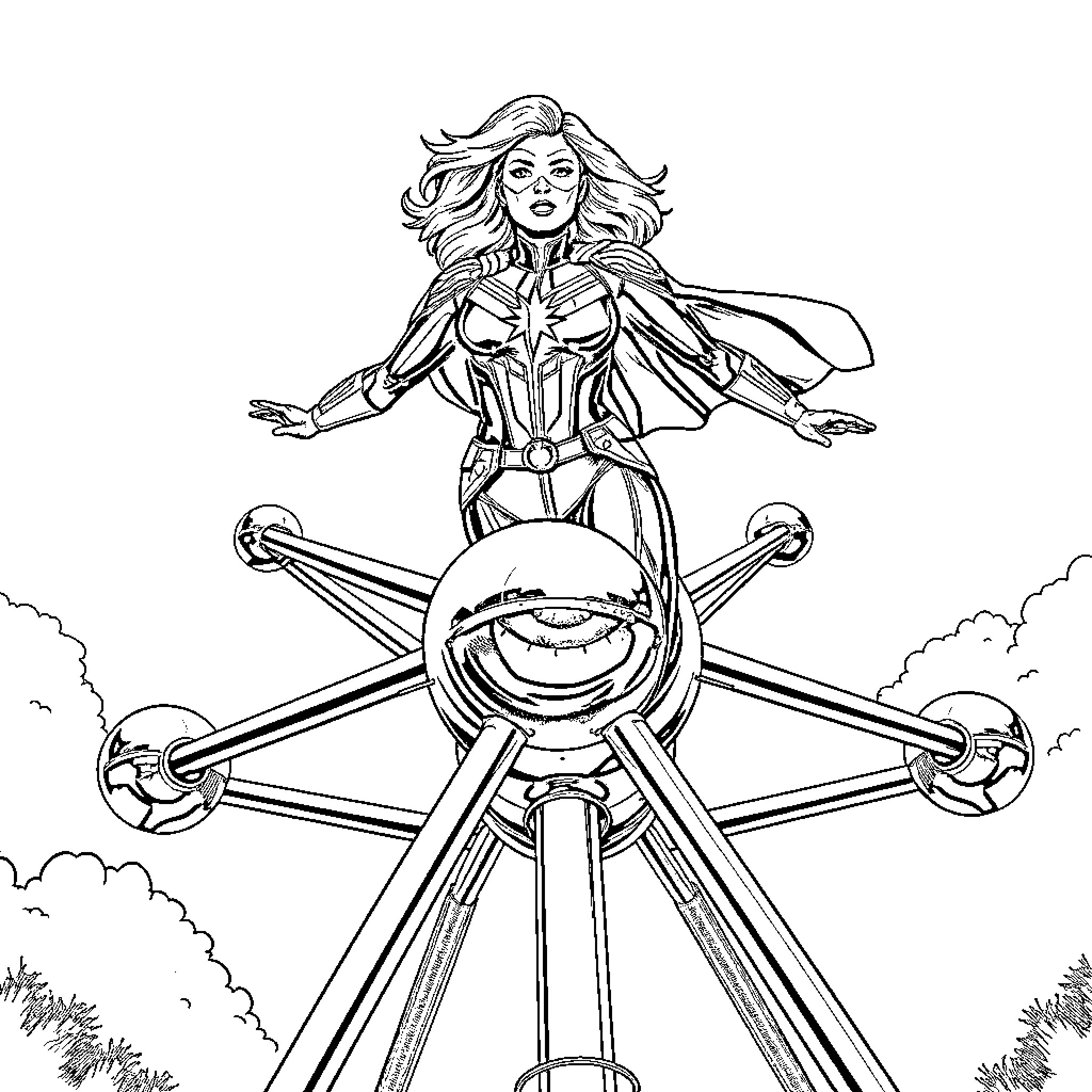 Captain Marvel's Powerful Pose on Ferris Wheel Coloring Page (free black-and-white line drawing printable PDF for all, from beginners to advanced learners, including children, teens, adults, and seniors)