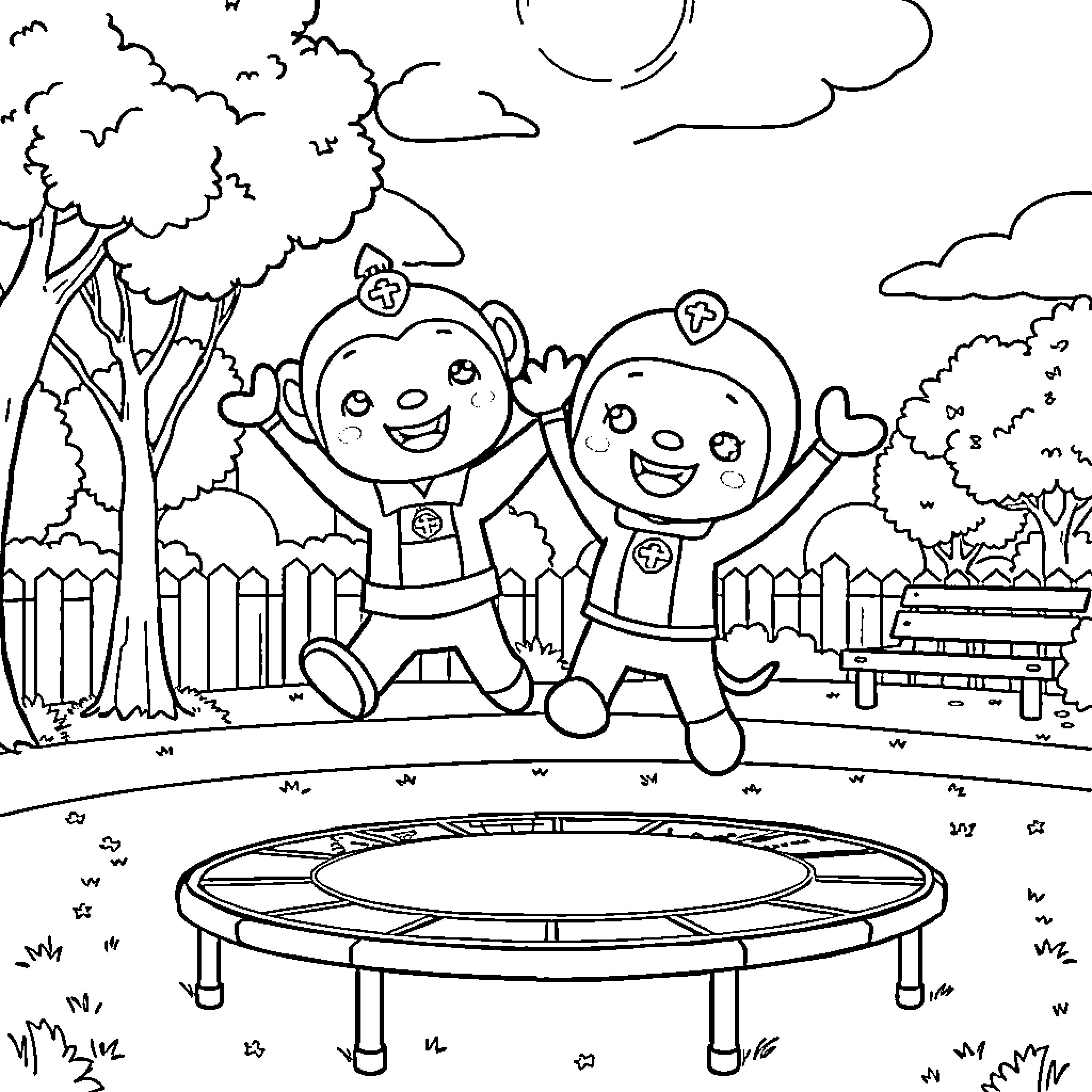 Octonauts playing happily in the park Coloring Page (free black-and-white line drawing printable PDF for all, from beginners to advanced learners, including children, teens, adults, and seniors)