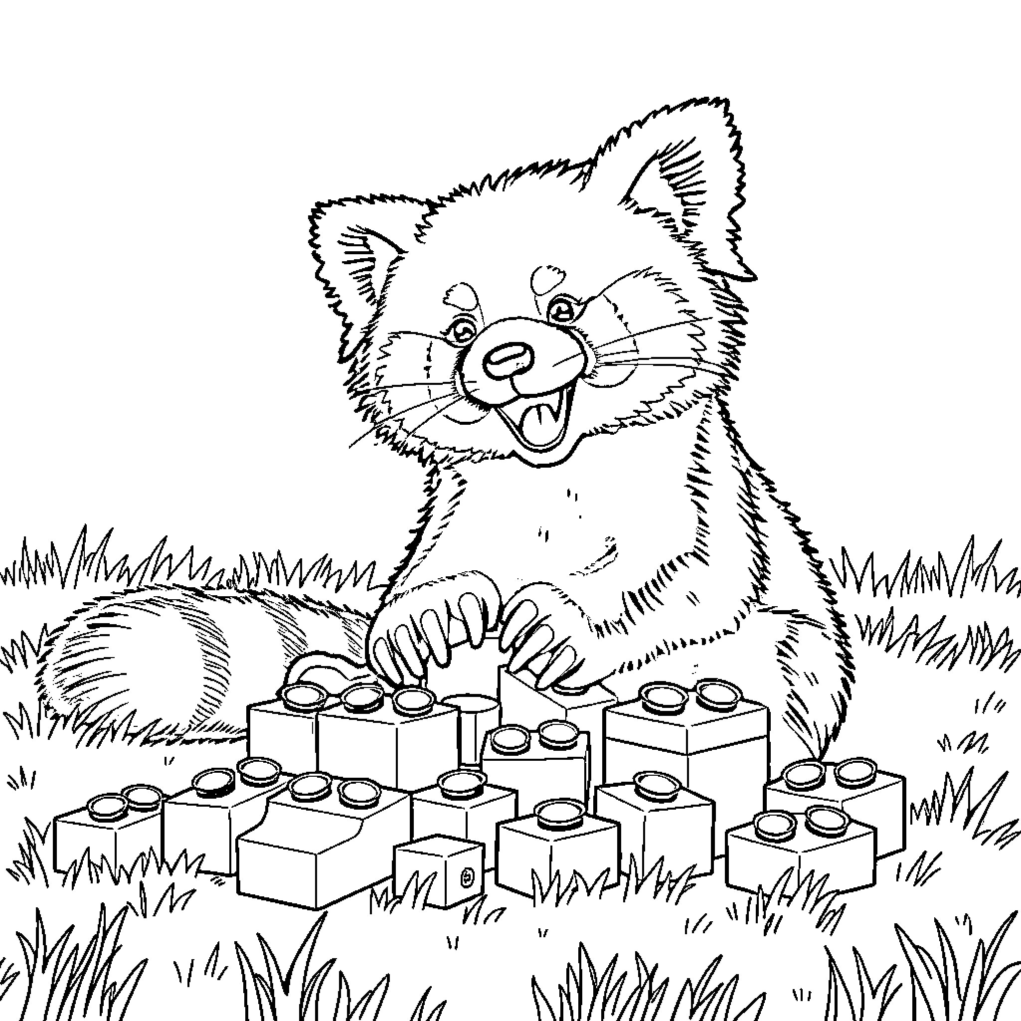 Panda playing with building blocks in the grass Coloring Page (free black-and-white line drawing printable PDF for all, from beginners to advanced learners, including children, teens, adults, and seniors)