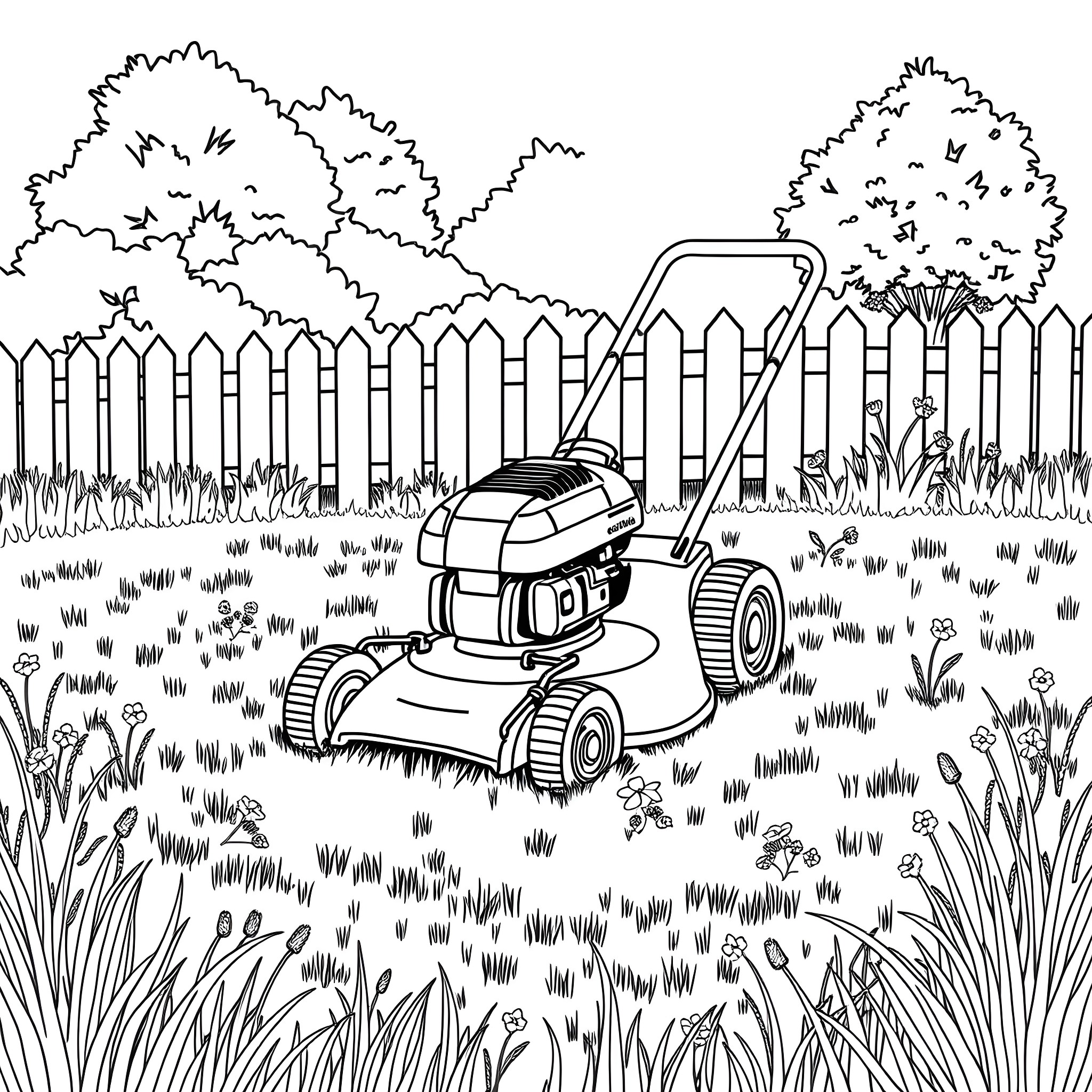 Lawn Mower Cutting Grass in a Backyard Coloring Page (free black-and-white line drawing printable PDF for all, from beginners to advanced learners, including children, teens, adults, and seniors)