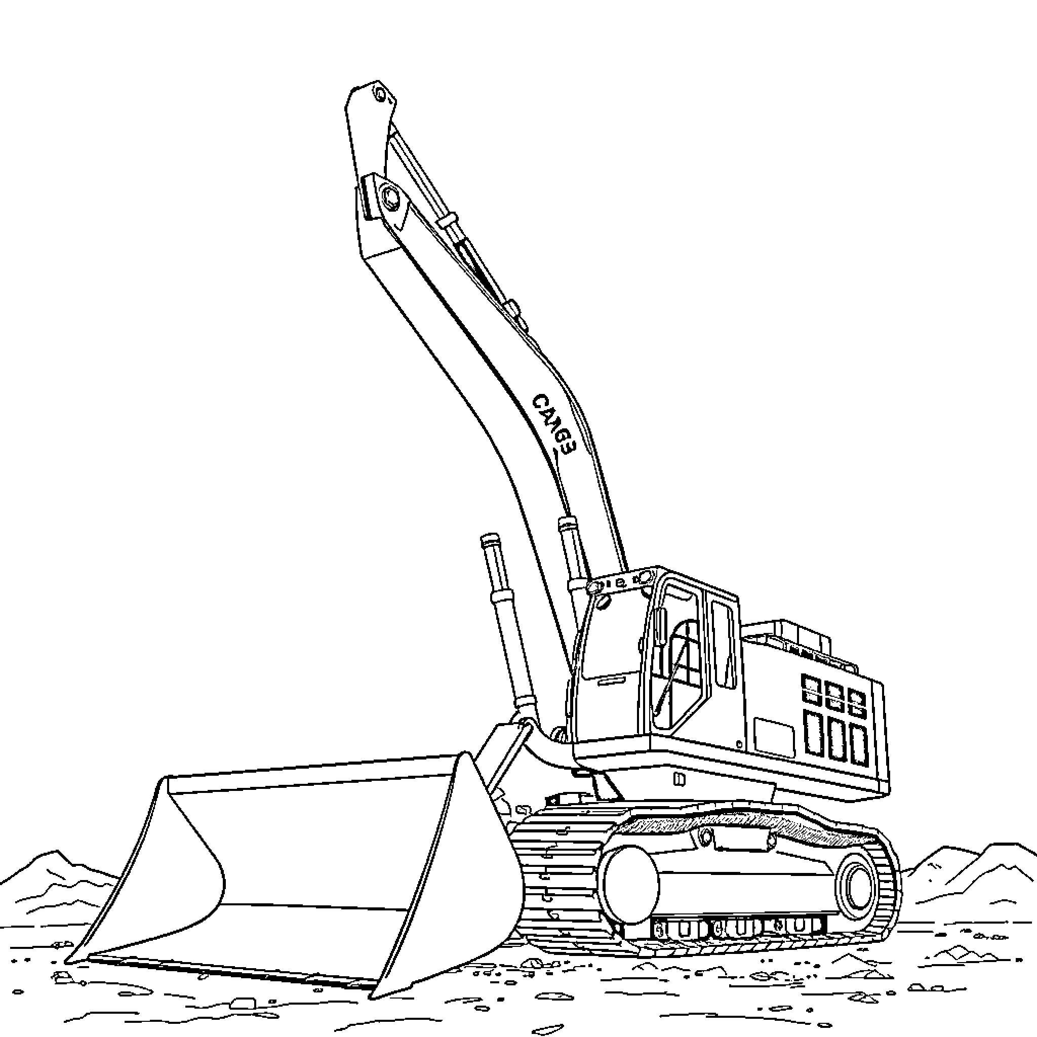 Excavator moving soil and rocks on construction site Coloring Page (free black-and-white line drawing printable PDF for all, from beginners to advanced learners, including children, teens, adults, and seniors)