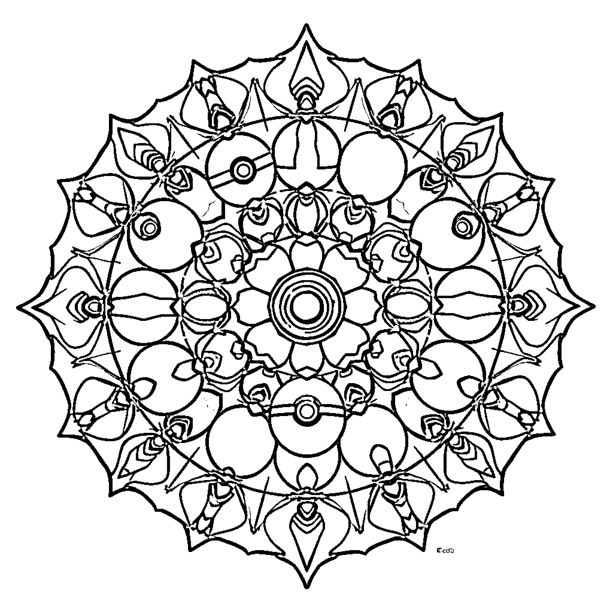 Mandala of intricate geometric patterns Coloring Page (free black-and-white line drawing printable PDF for all, from beginners to advanced learners, including children, teens, adults, and seniors)