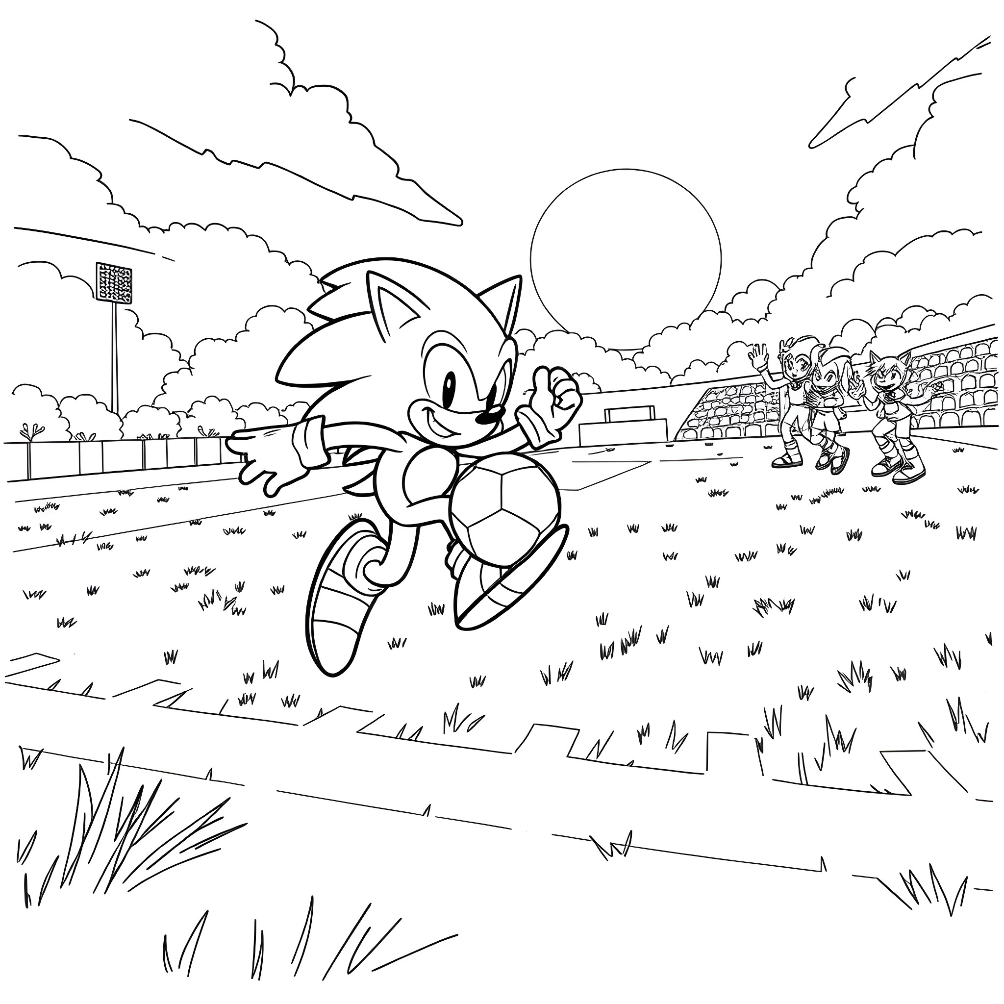 Sonic racing across the field with cheering crowd Coloring Page (free black-and-white line drawing printable PDF for all, from beginners to advanced learners, including children, teens, adults, and seniors)