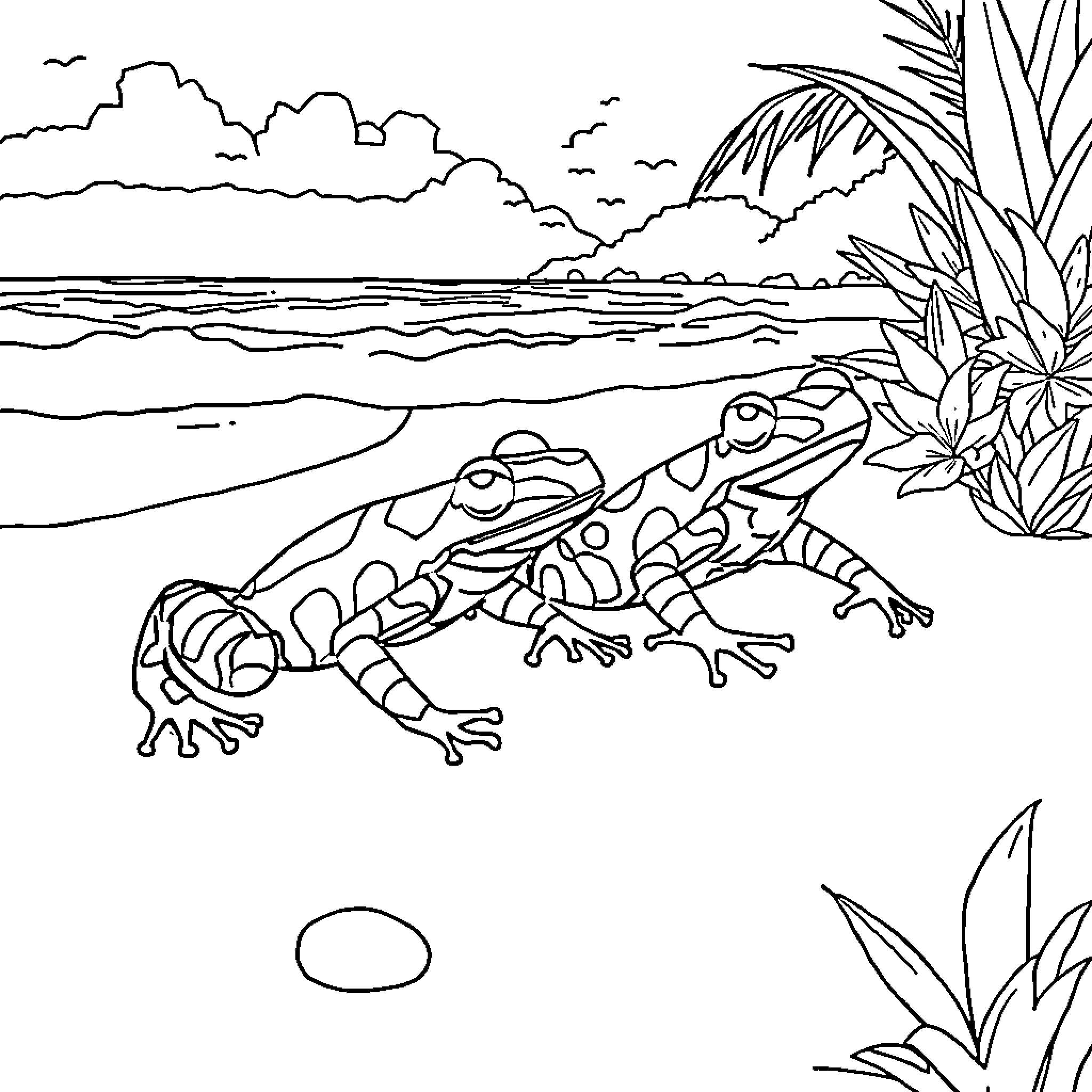 Dart Frogs in Tropical Wilderness Coloring Page (free black-and-white line drawing printable PDF for all, from beginners to advanced learners, including children, teens, adults, and seniors)