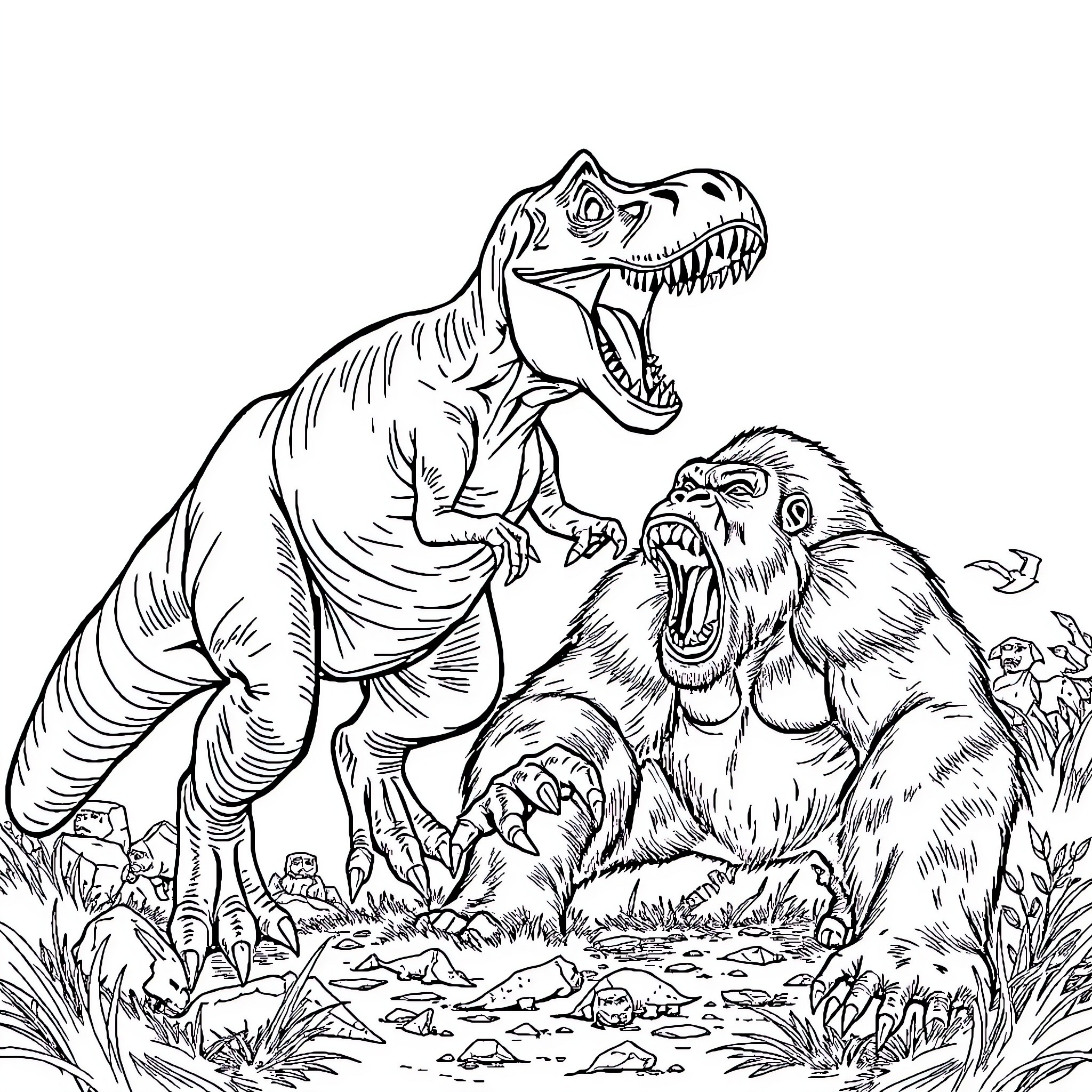 T-Rex confronting a fierce gorilla in the wild Coloring Page (free black-and-white line drawing printable PDF for all, from beginners to advanced learners, including children, teens, adults, and seniors)