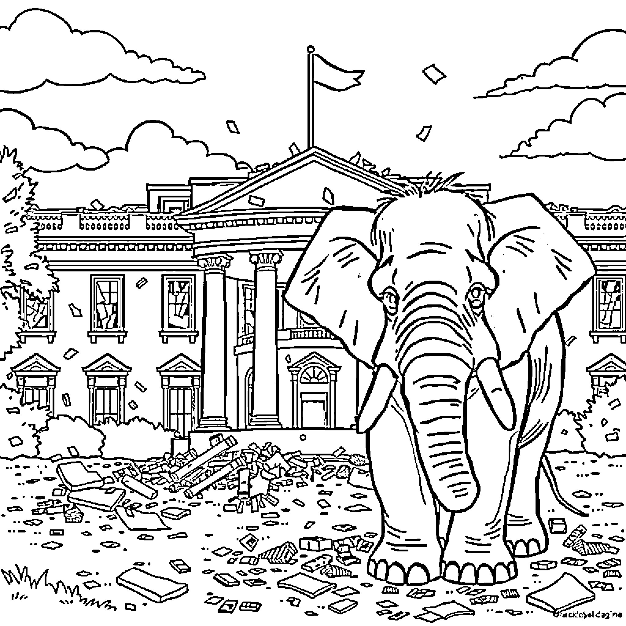 Elephant causing chaos outside ornate building Coloring Page (free black-and-white line drawing printable PDF for all, from beginners to advanced learners, including children, teens, adults, and seniors)