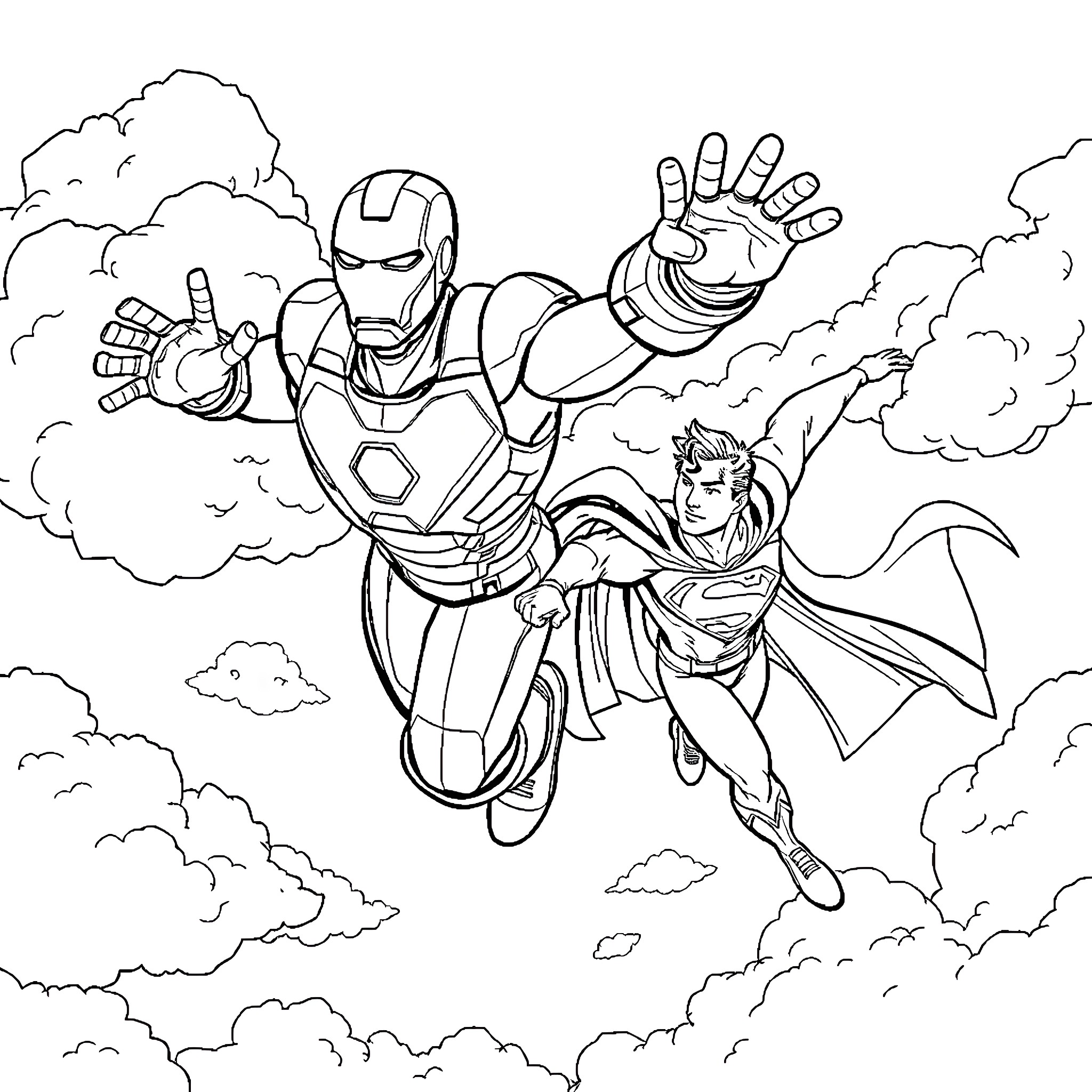 Iron Man and Superman soaring through the clouds Coloring Page (free black-and-white line drawing printable PDF for all, from beginners to advanced learners, including children, teens, adults, and seniors)