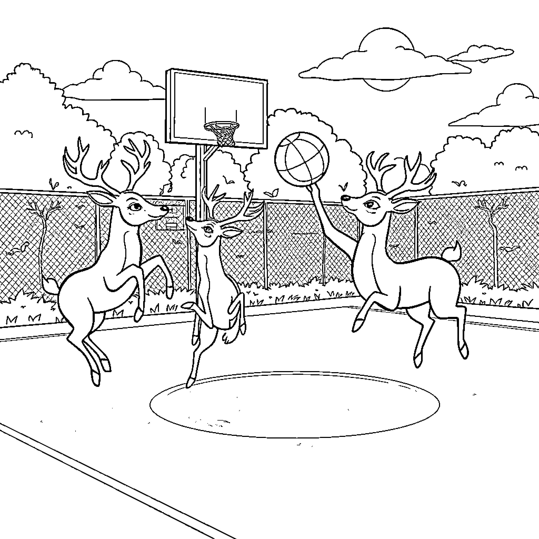 Deer playing basketball in a fenced court Coloring Page (free black-and-white line drawing printable PDF for all, from beginners to advanced learners, including children, teens, adults, and seniors)