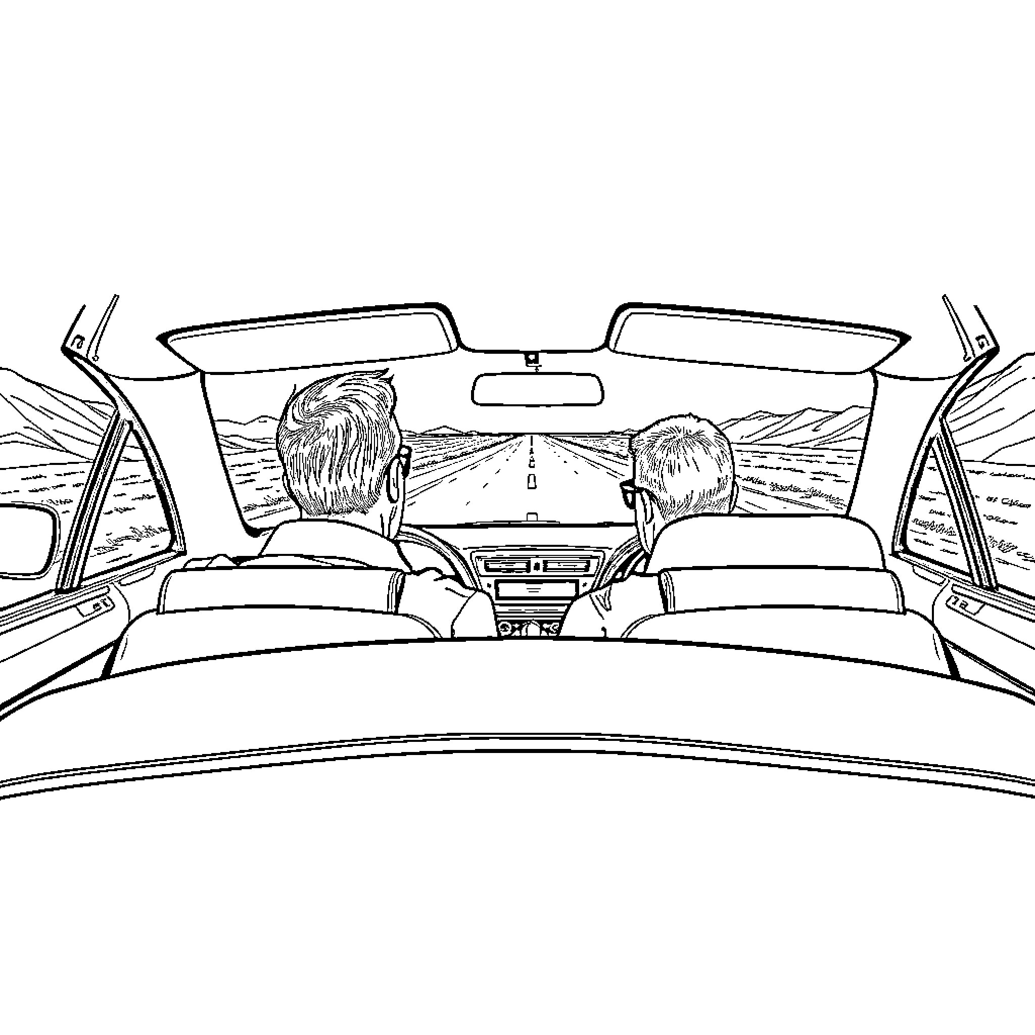 Guy driving car through open road Coloring Page (free black-and-white line drawing printable PDF for all, from beginners to advanced learners, including children, teens, adults, and seniors)